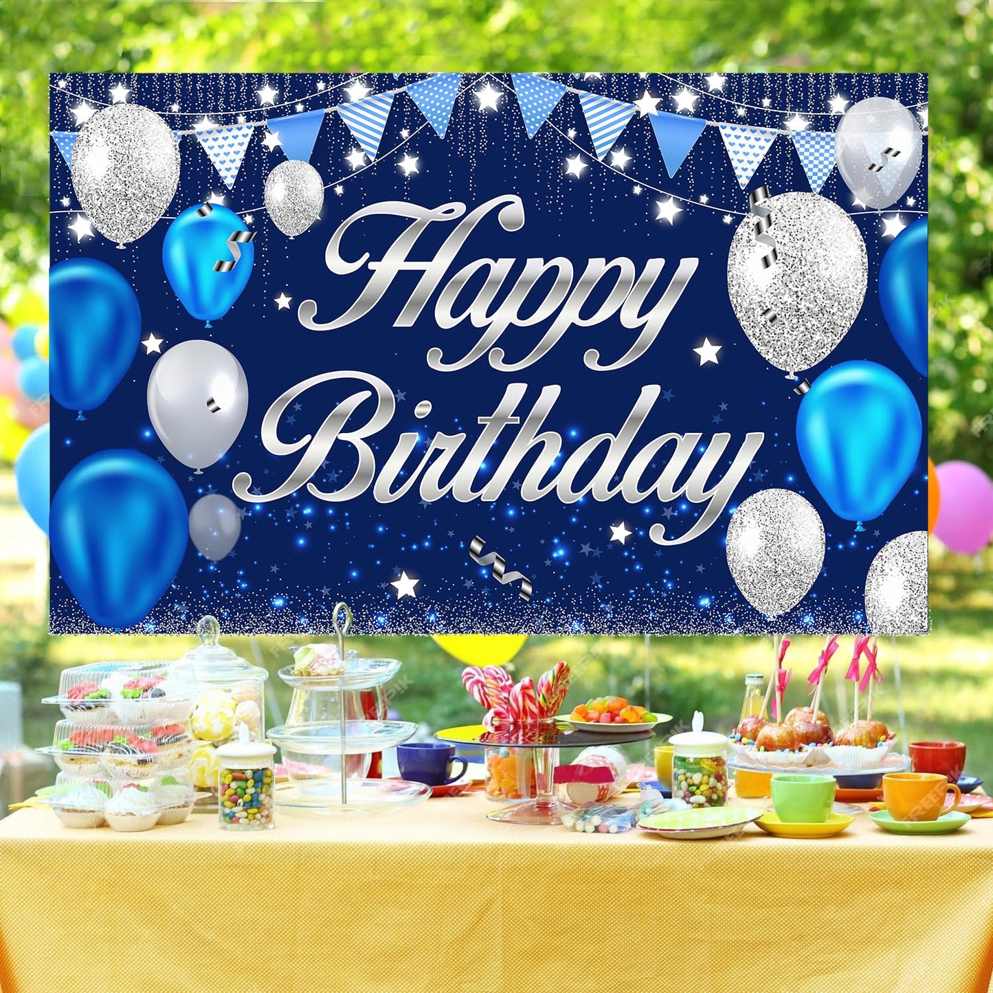 MDCGFOD Happy Birthday Banner - Birthday Decorations for Men Women Boys Girls Blue Sliver Birthday