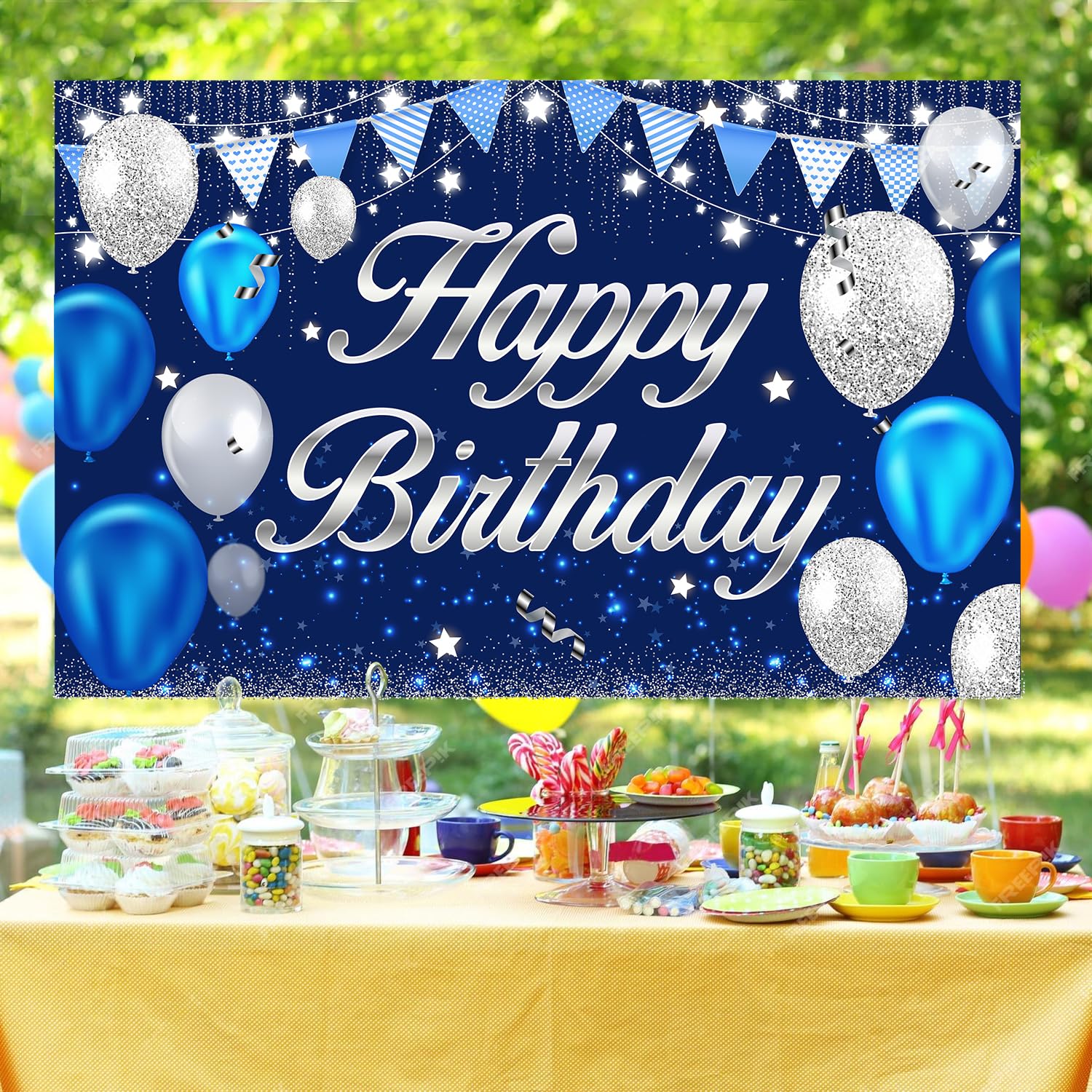 MDCGFOD Happy Birthday Banner - Birthday Decorations for Men Women Boys Girls Blue Sliver Birthday