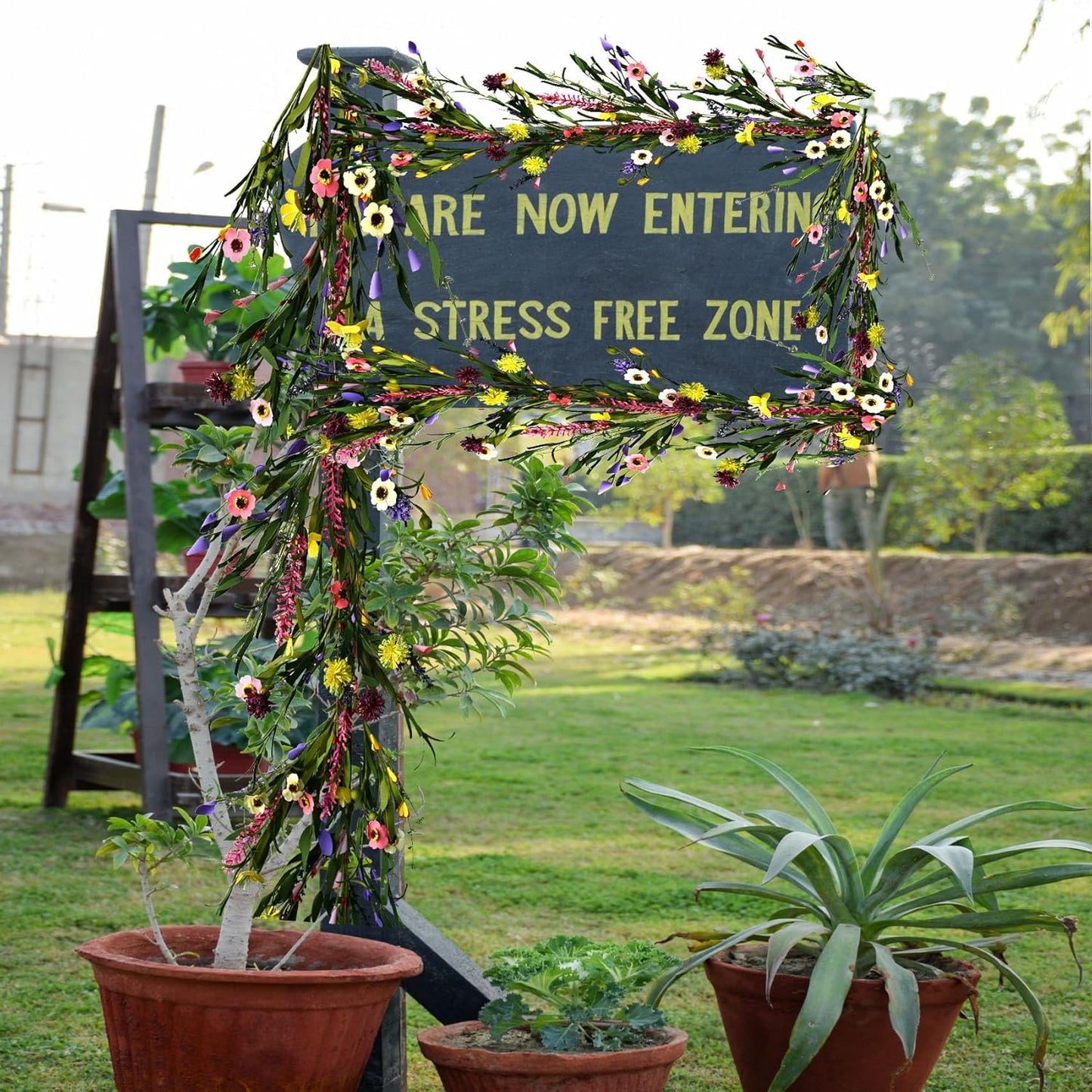 2PCS Artificial Wildflower Garland, 6FT Faux Flower Hanging Vine, Purple Flowers Ivy, Spring Summer Garland with Eucalyptus Lavender Vine for Sign Board Party Home Decor