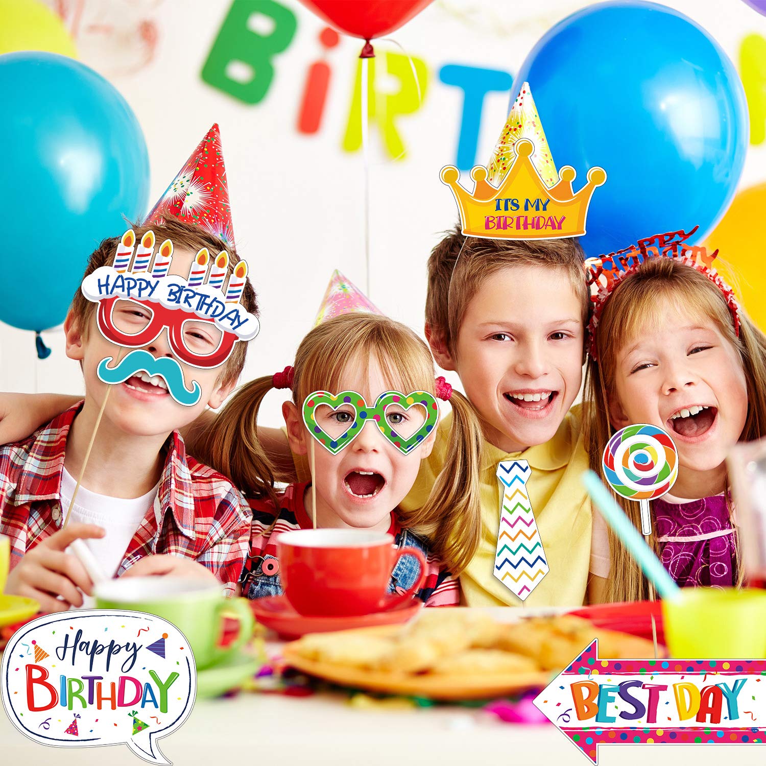 29 Pieces Birthday Photo Booth Props Kit Colorful Funny Kids Birthday Theme Table Centerpiece Craft