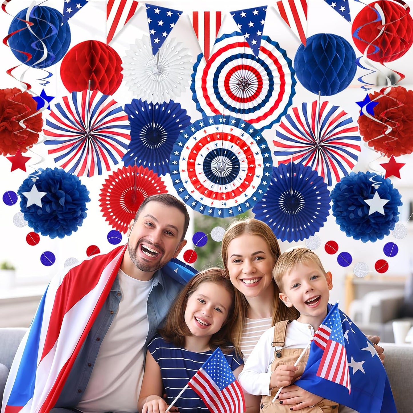 24PCS Patriotic Decorations 4th of July Decorations Set Red White Blue Hanging Paper Fans USA Flag Pennant Pom Poms Hanging Swirls Party Supplies for Memorial Day Independence Veterans