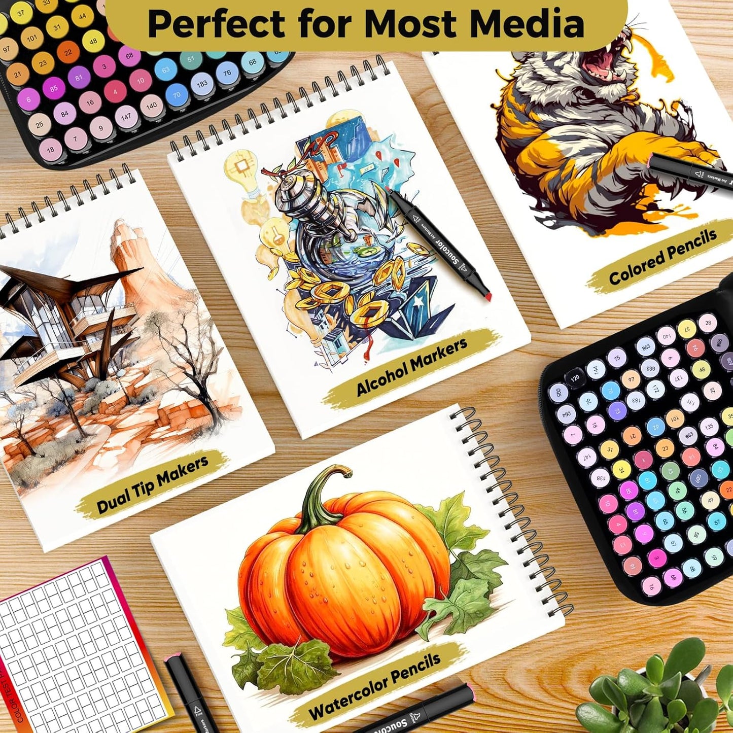 Soucolor 100 Sheets Marker Paper Pad, 9"x12" Bleedproof Art Sketch Pad, 73lb/120gsm Drawing Paper Spiral Sketch Book, Alcohol Marker Paper Painting Coloring Paper for Beginners, Artists, Kids