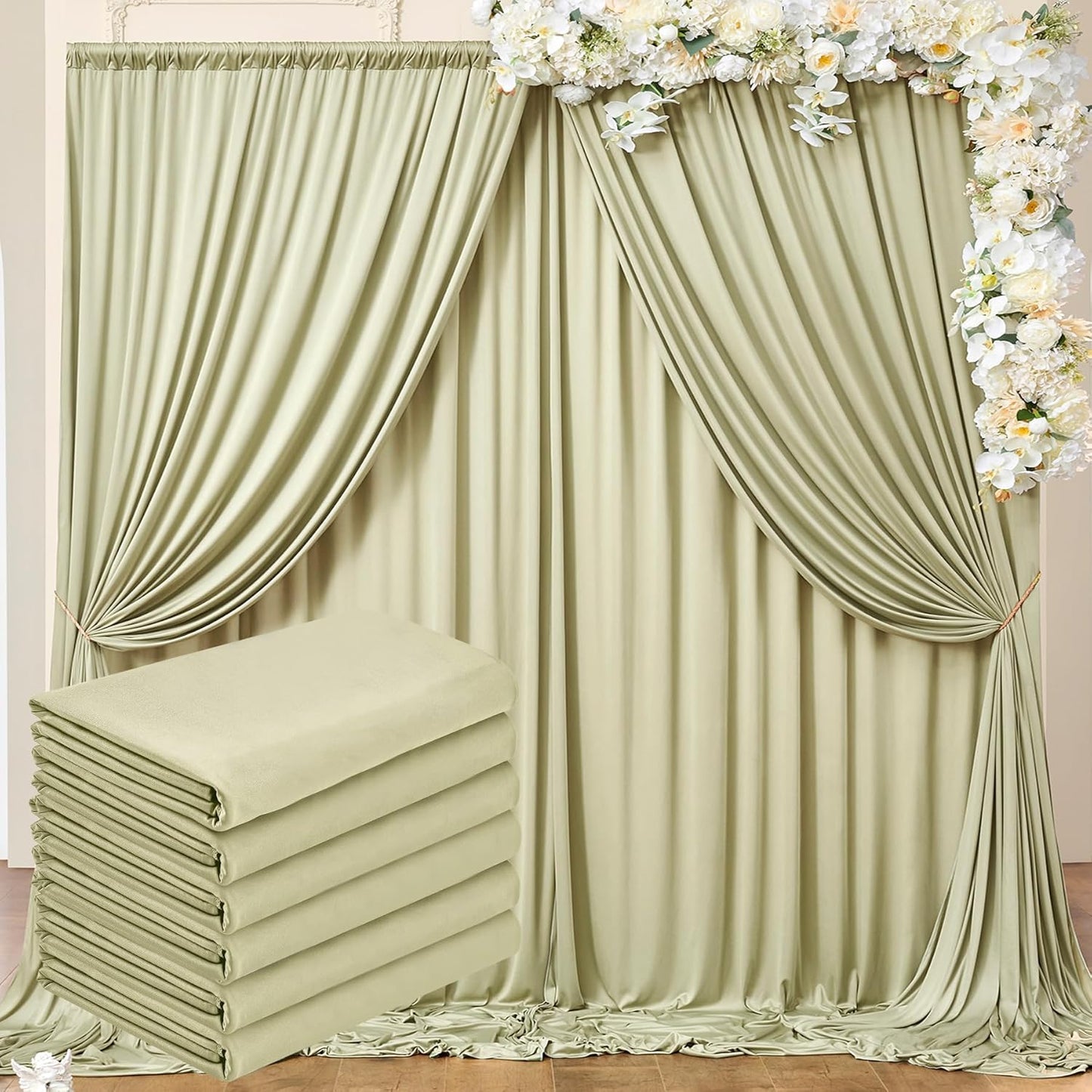 30 ft x 10 ft Wrinkle Free Sage Green Backdrop Curtain for Parties, Thick Green Polyester Photo Backdrop Drapes for Baby Shower Wedding Engagement Birthday Party Backdrop Stand,5ft x 10ft 6 Panels