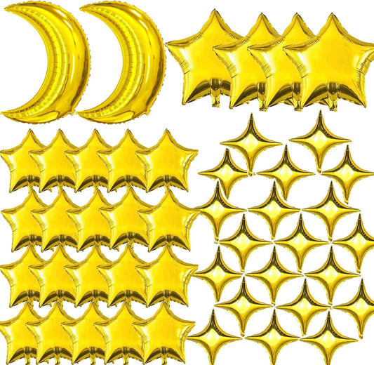 50pcs Moon and Star Balloons Gold，36"Moon Foil Balloons 18"10" Star Foil Balloons Four Pointed Star Balloon Mylar Balloon for Baby Shower Christmas Anniversary Wedding Birthday Party