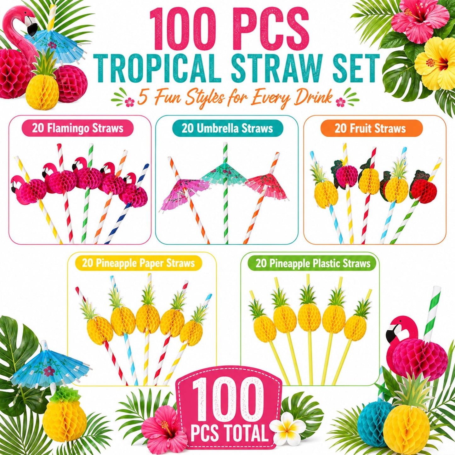 Haundry 100PCS Luau Party Cocktail Straws, 3D Honeycomb Flamingo Fruit Umbrella Paper Straws with