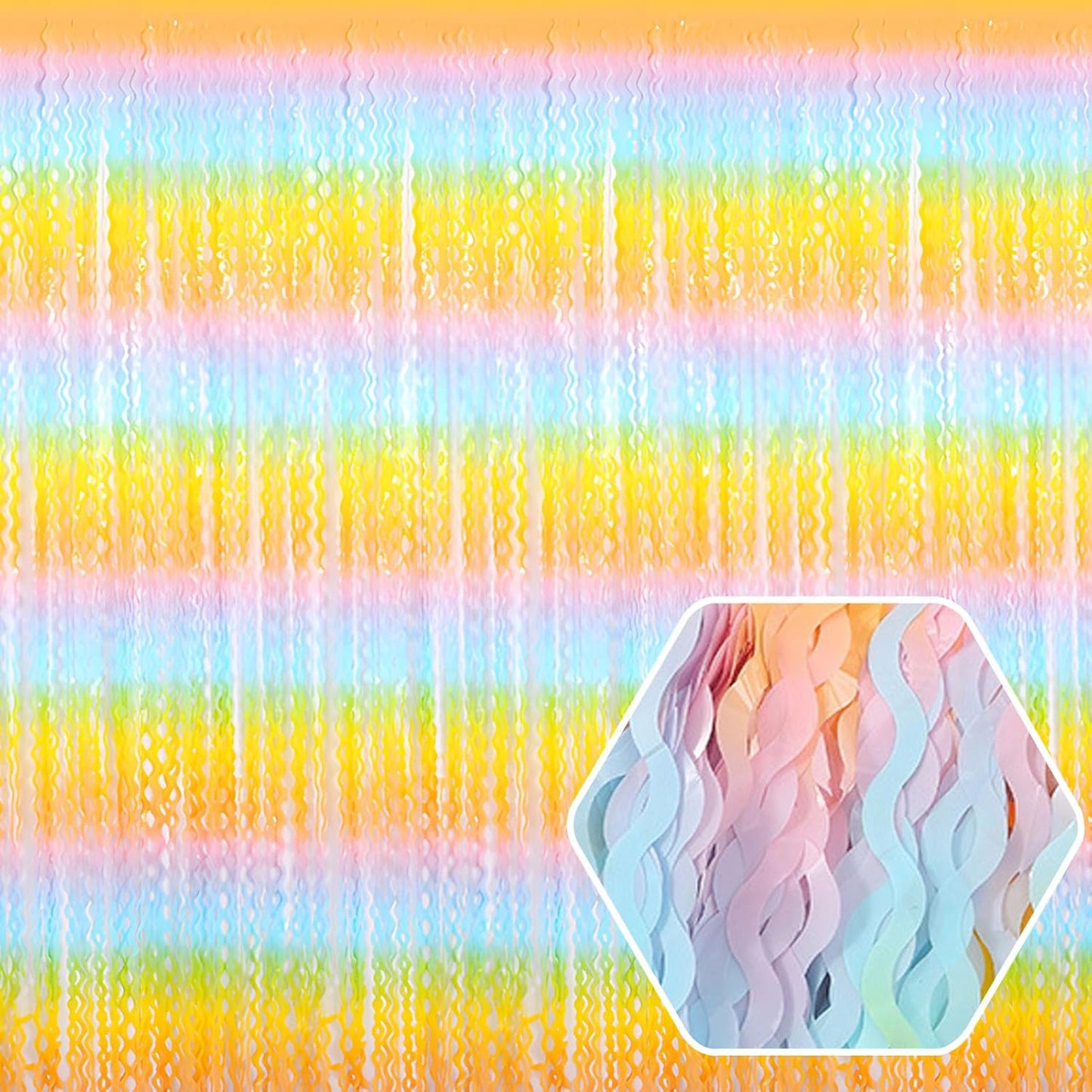 4 Pack Light Rainbow Wave Foil Fringe Curtain Backdrop, 3.28Ft x 8.2Ft Metallic Tinsel Foil Fringe Streamer Curtains for Photo Booth, Mother's Day, Easter, Birthday, Wedding Party Decoration