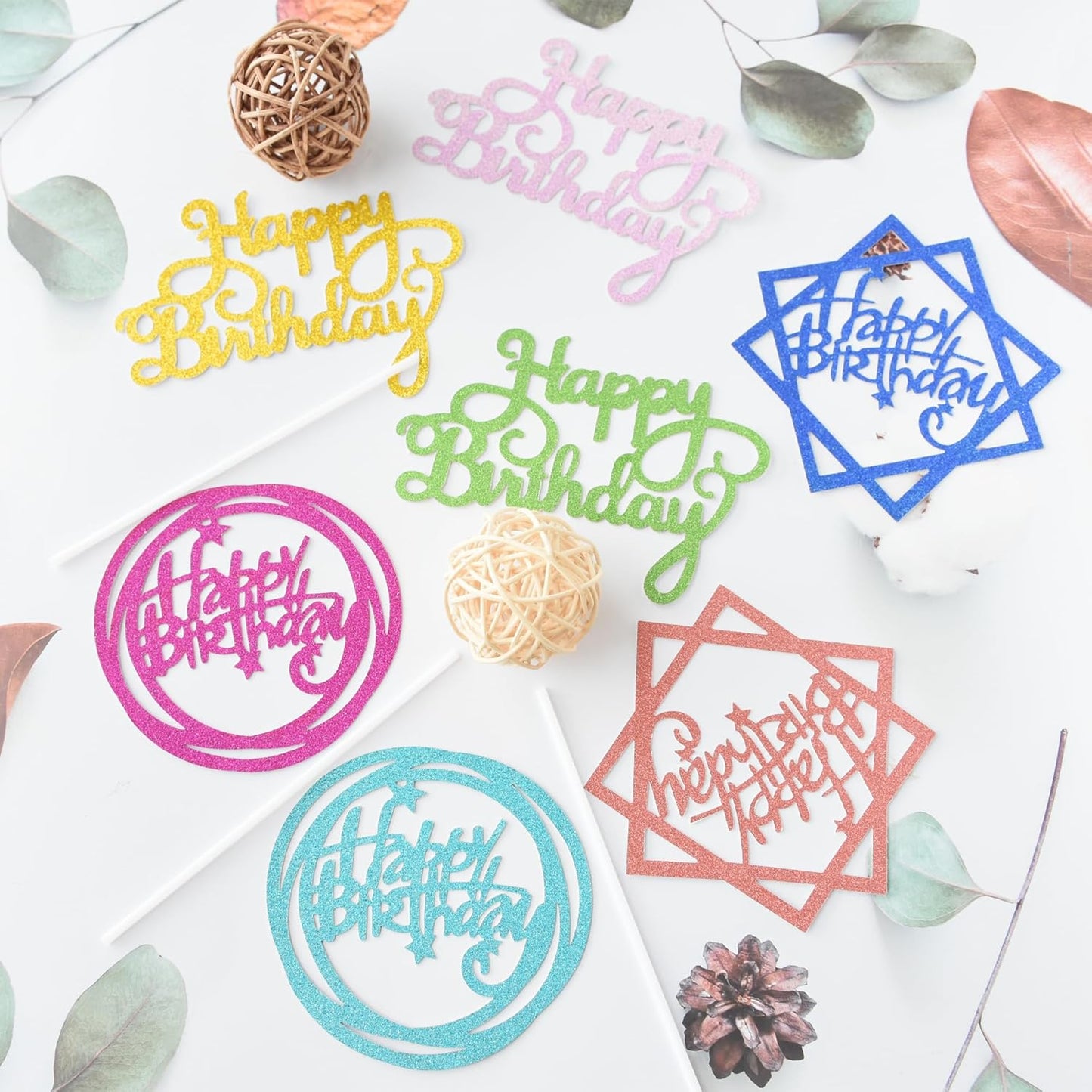 24 Pack Multi Colors Birthday Cake Topper Set, Glitter Cake Bunting Decor Birthday Cake Picks Party Decorations Supplies(Classic)