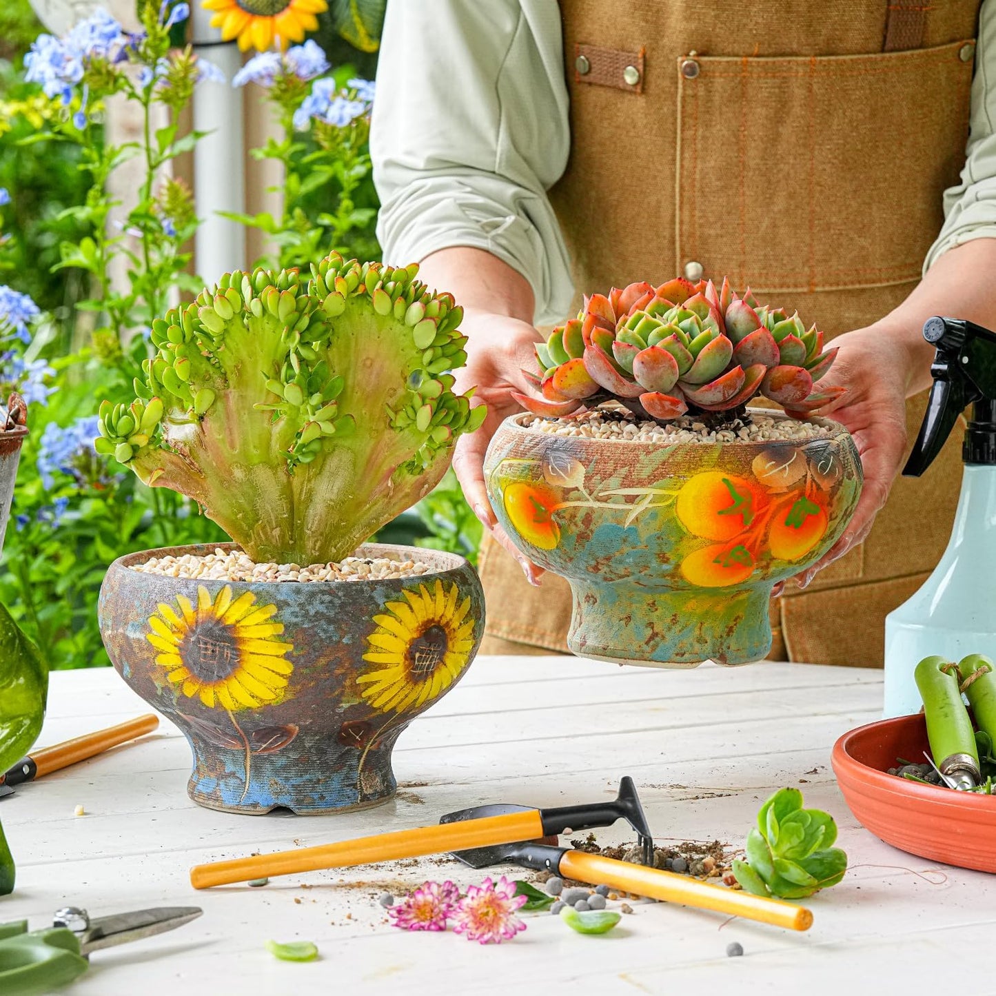 Sungmor Small Succulent Planters Set of 2, Beautiful Hand Crafted Ceramic Plant Pots Cute Cactus Pot, 6.5 Inch Flower Pots for Indoor Plants with Drainage, Desktop Windowsill Home Office Decor Pots