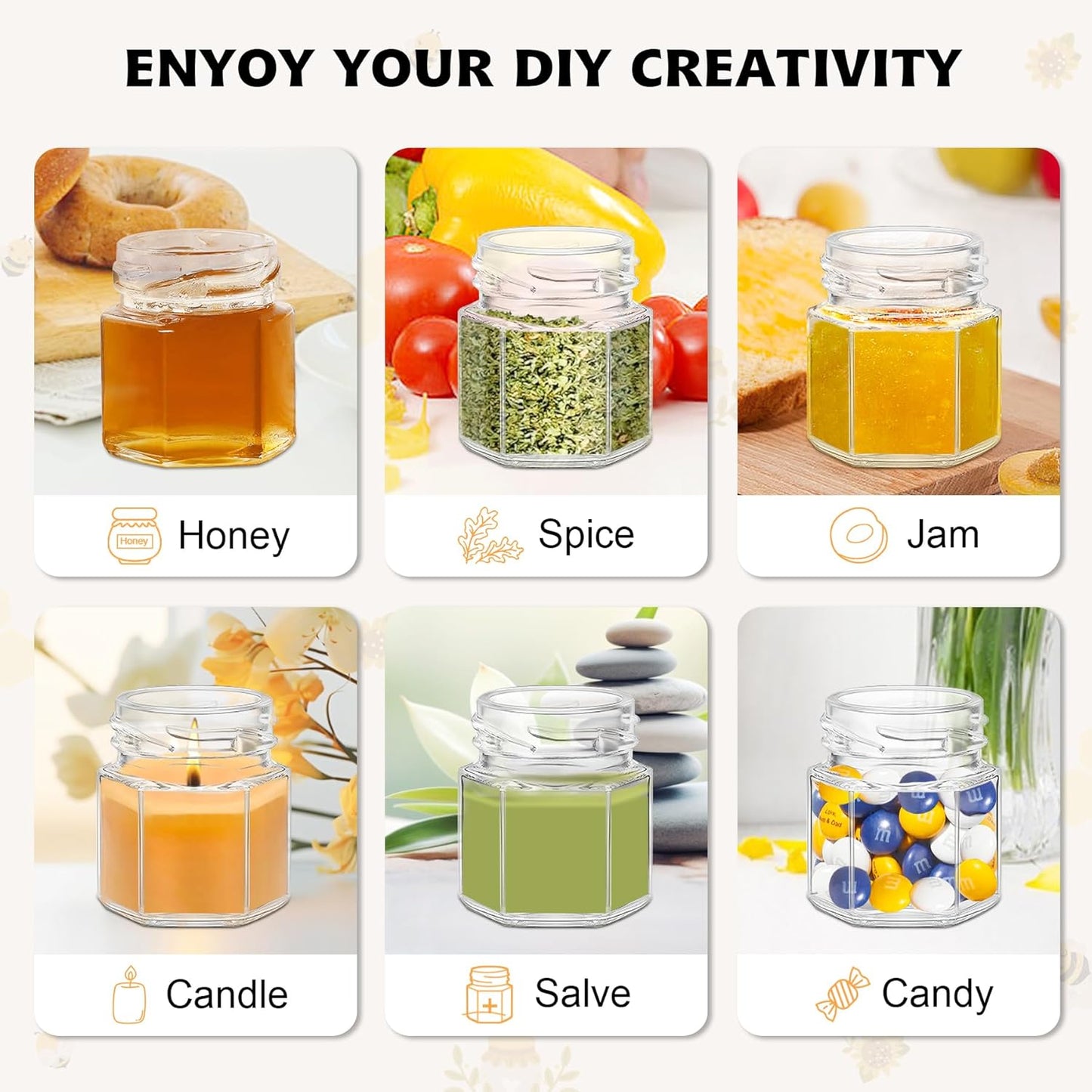 144Pcs 1.5 oz Mini Hexagon Glass Honey Jars with Dippers, Gold Lids, Bee Stickers, Bee Charms, Gift Bags & Jute–Empty Small Honey Jars for Party Favors Bulk, Ideal for Baby Showers ＆ Weddings