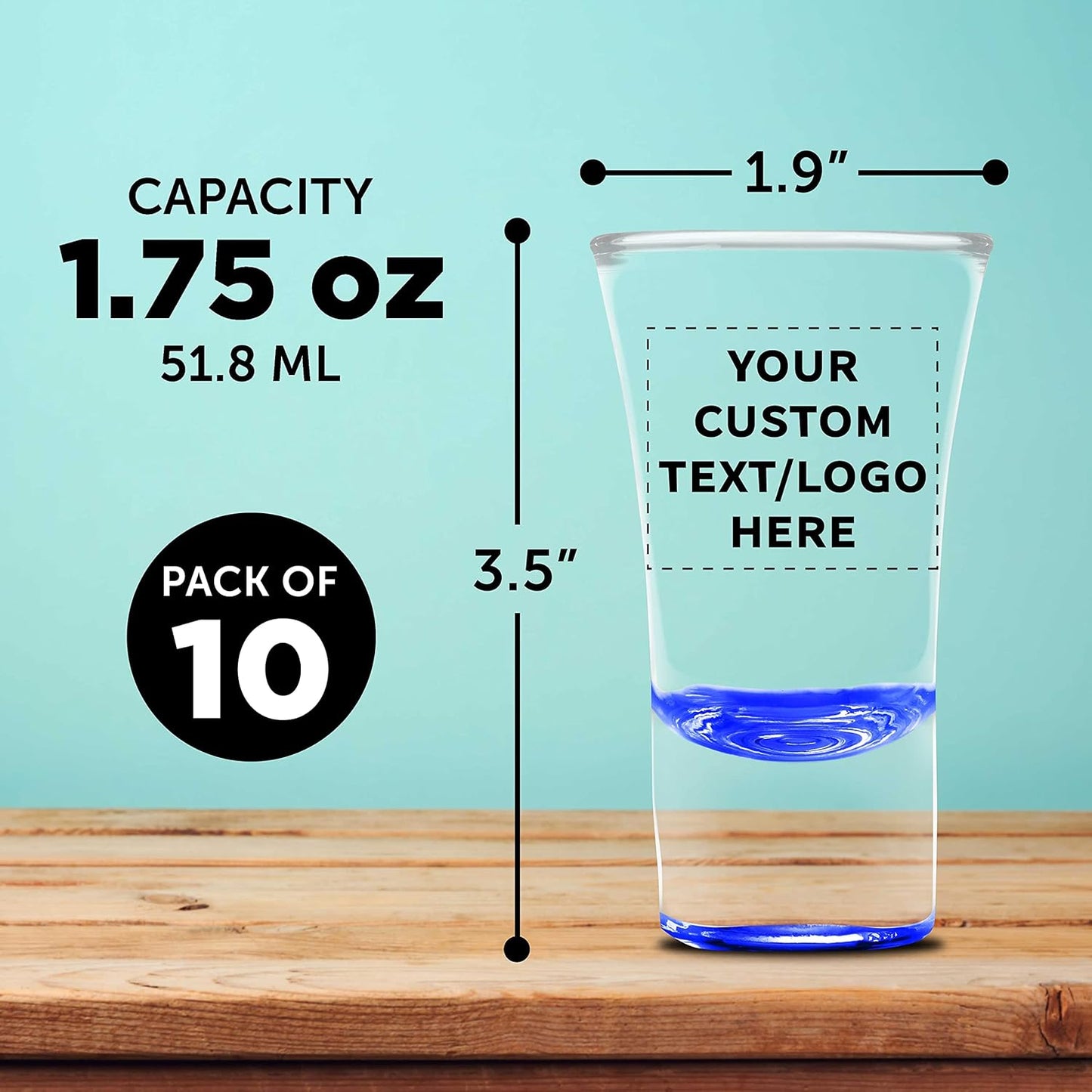 Custom 2 oz. Lord Shooter Etched Shot Glasses, 10 pack, Personalized Text, Logo, 21st Birthday Party, Lounge Glassware, Blue