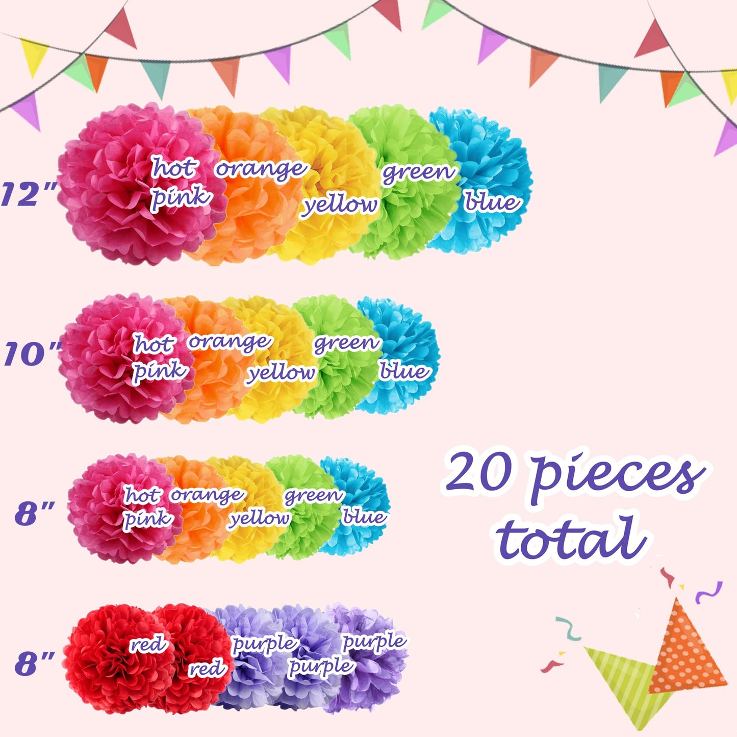 20pcs Colorful Paper Pom Poms Set for Party Decor (Mixed Size 8/10/12 Inch)