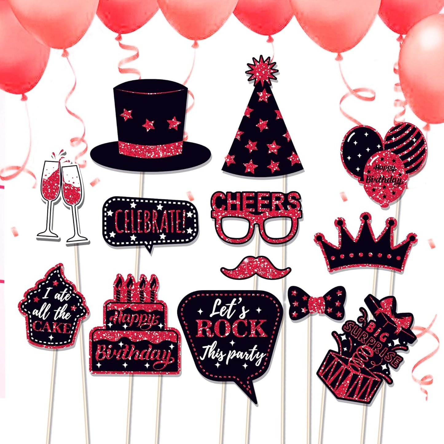 36 PCS Birthday Photo Booth Props Party Supplies Holiday Picture Decorations Photo Booth Props for Birthday Party Favors Pose Sign Kit Fun for Party (Red)