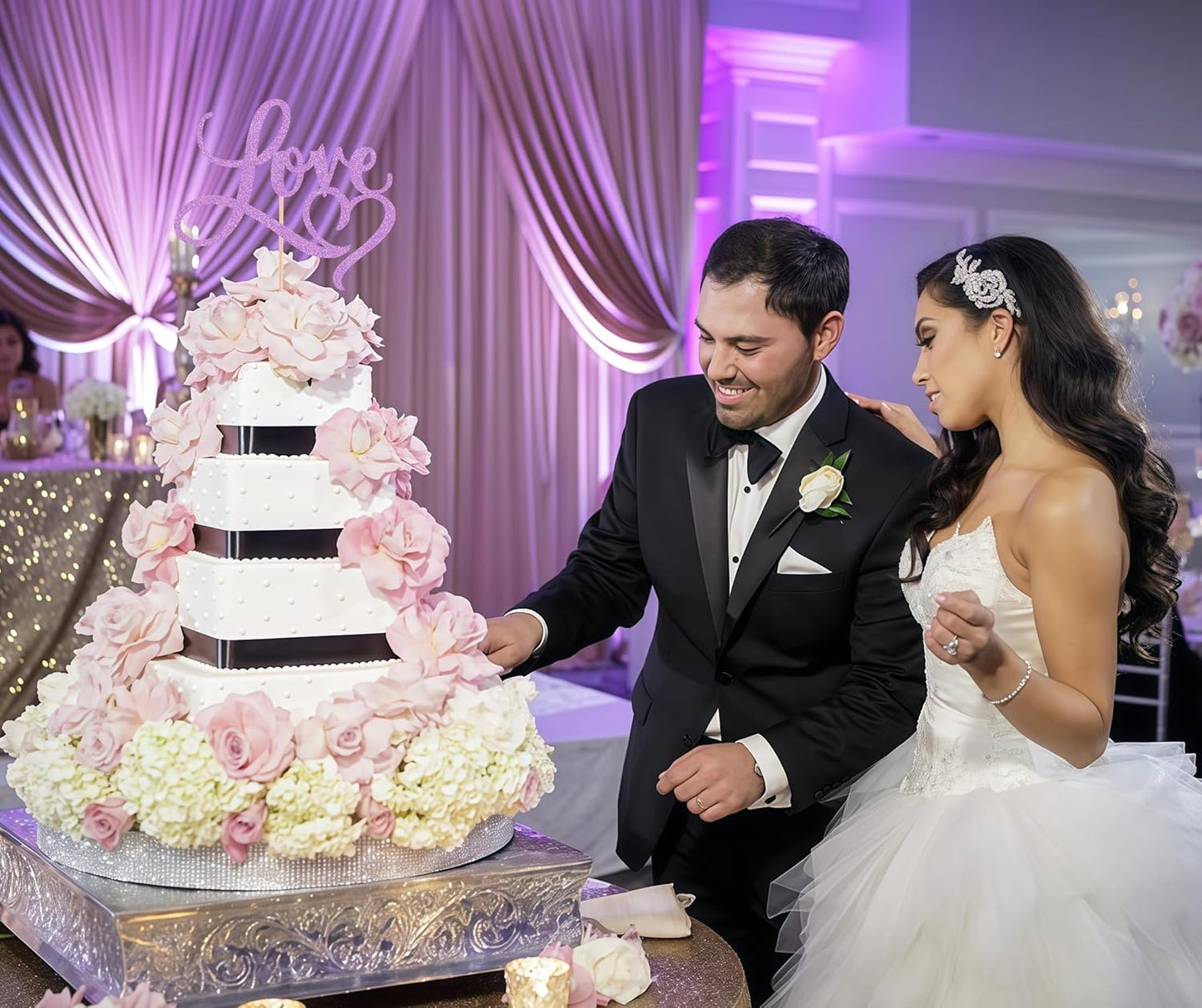 Love Cake Topper - Purple Glitter Paper Wedding Cake Decoration Supplies, Perfect for Bridal Shower/Engagement/Anniversary/Birthday Party