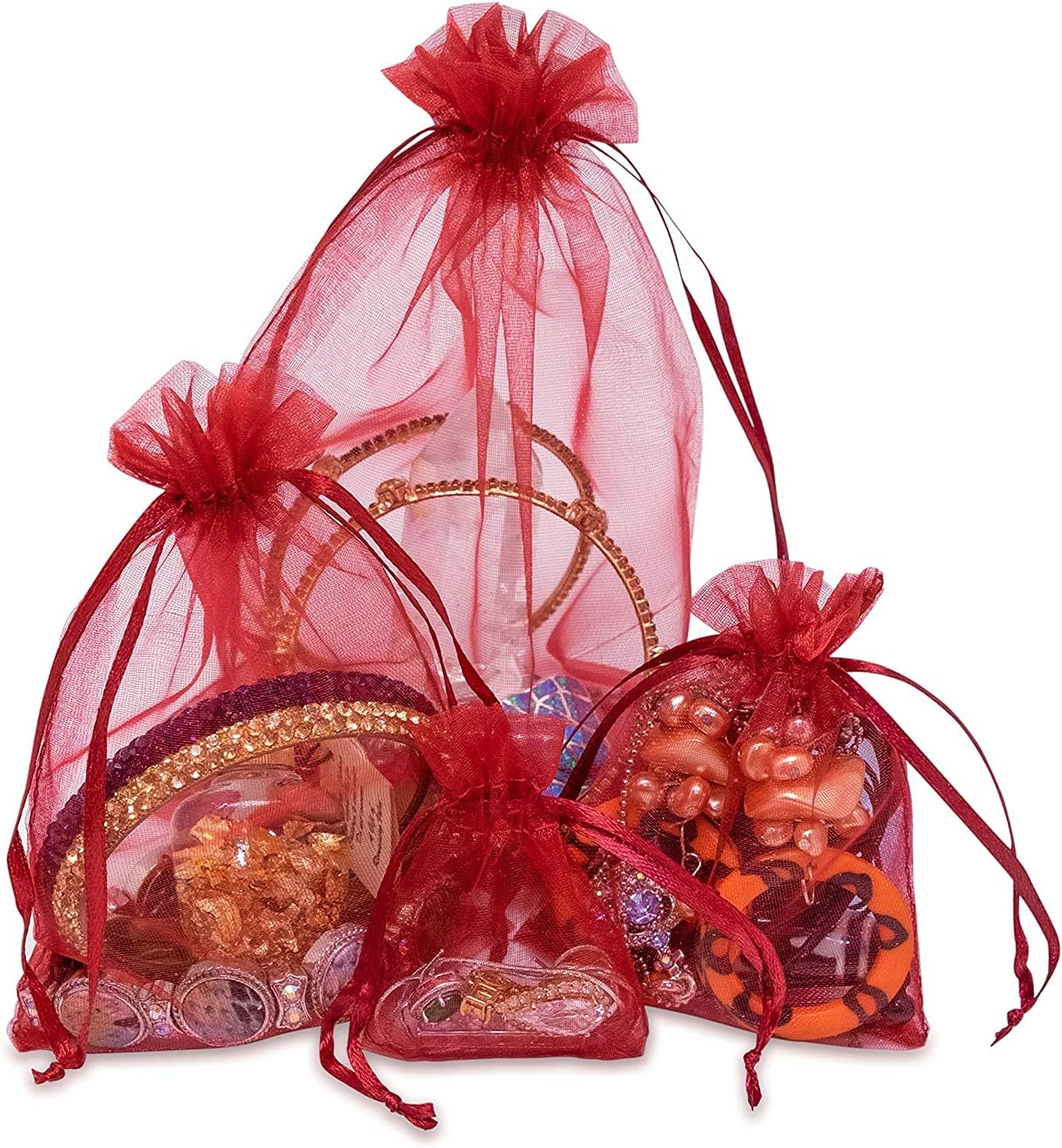 TheDisplayGuys 100-Pack XS 2 x 2 3/4" Maroon Sheer Organza Gift Bags with Drawstring, Goodie Bags for Jewelry, Candy Bags, Treat Bags, Wedding Favors Small Mesh Bags