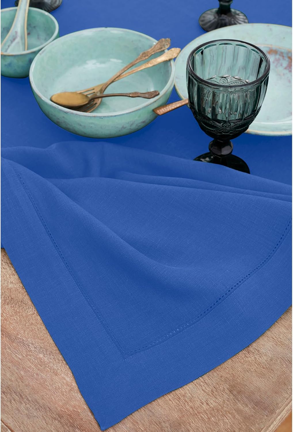 Solino Home Royal Blue Linen Tablecloth 54 x 72 Inch - 100% Pure Linen Hemstitch Table Cloth for Rectangle Tables - Classic Hemstitch, Machine Washable Tablecloth