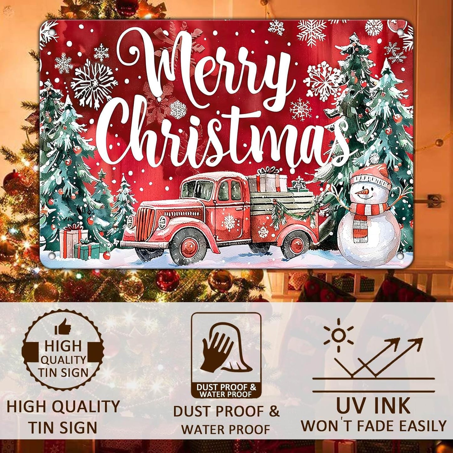 Christmas Truck Metal Tin Sign Merry Christmas Sign Funny Snowman Tin Sign Christmas Tree House Decoration for Indoor Home House Decor Party Supplies 8x12Inch