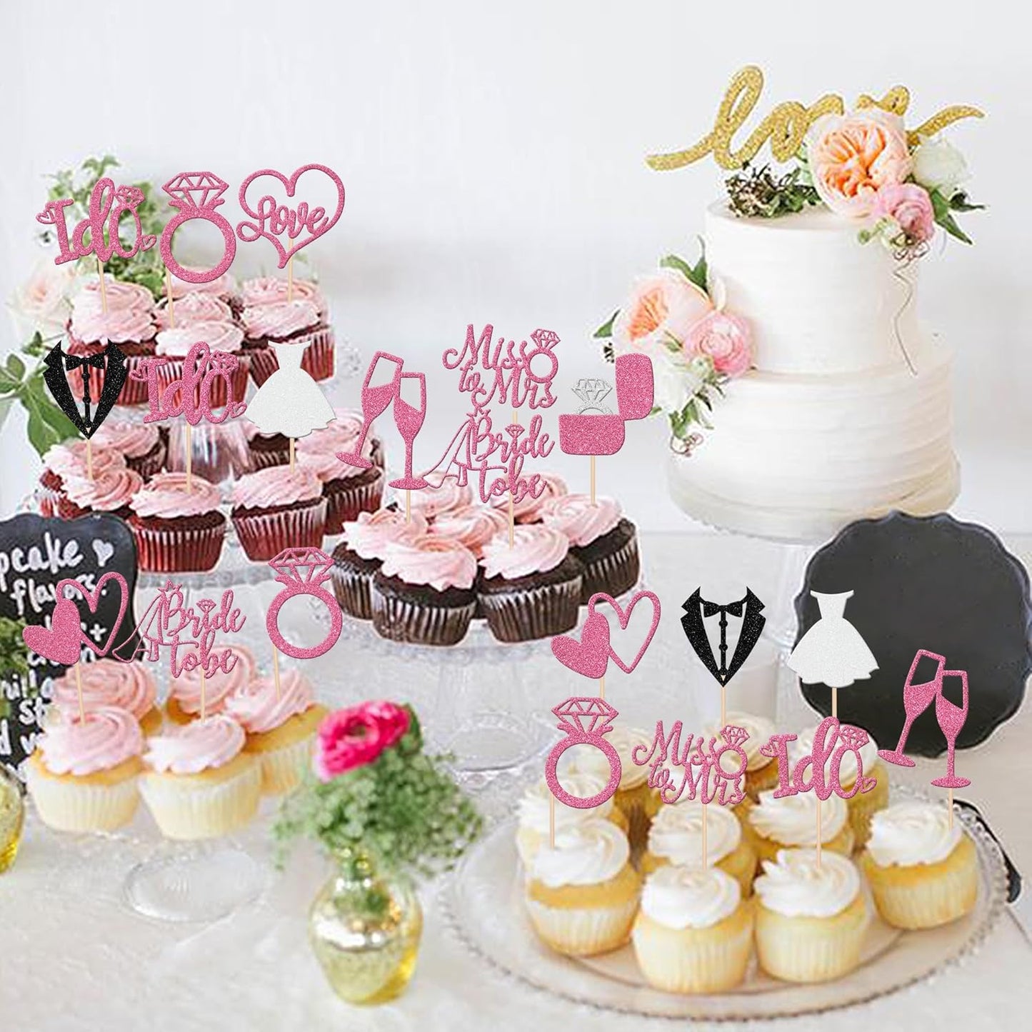 30 PCS Bride to Be Cupcake Toppers Glitter Miss to Mrs I Do Love Heart Ring Cupcake Picks Wedding Bridal Shower Cake Decorations for Wedding Engagement Bachelorette Party Supplies Pink