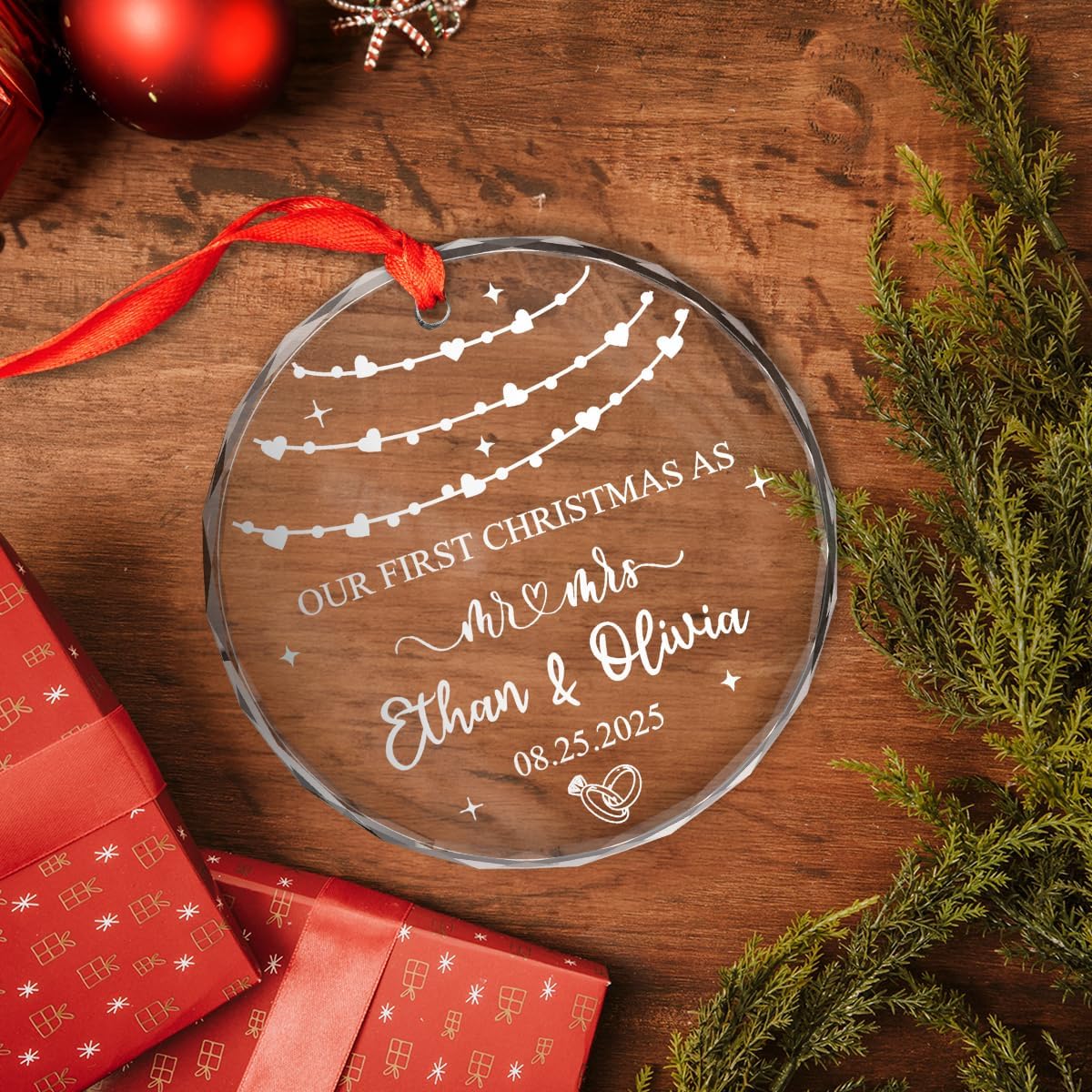 Personalized Christmas Ornaments with Names, Couple Glass Ornament, Custom Wedding Gifts for Couples 2025, Wedding Gift Ideas for Newly Wed Couple, Bride, Bridal Shower, Future Mr & Mrs (C4)