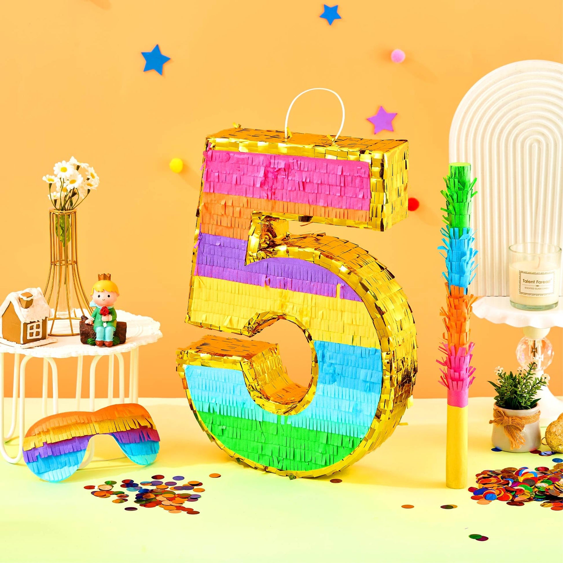 MUWOOB Rainbow Number 5 Pinata for 5th Birthday Party Decorations, Birthday Pinata with Stick