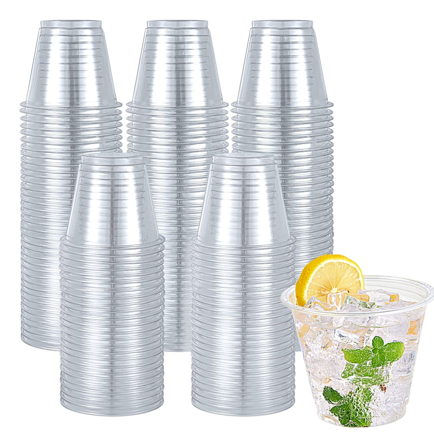 Turbo Bee 300 Pack 9oz Clear Plastic Cups,Disposable Crystal Drinking Cups,PET Plastic Party Cups