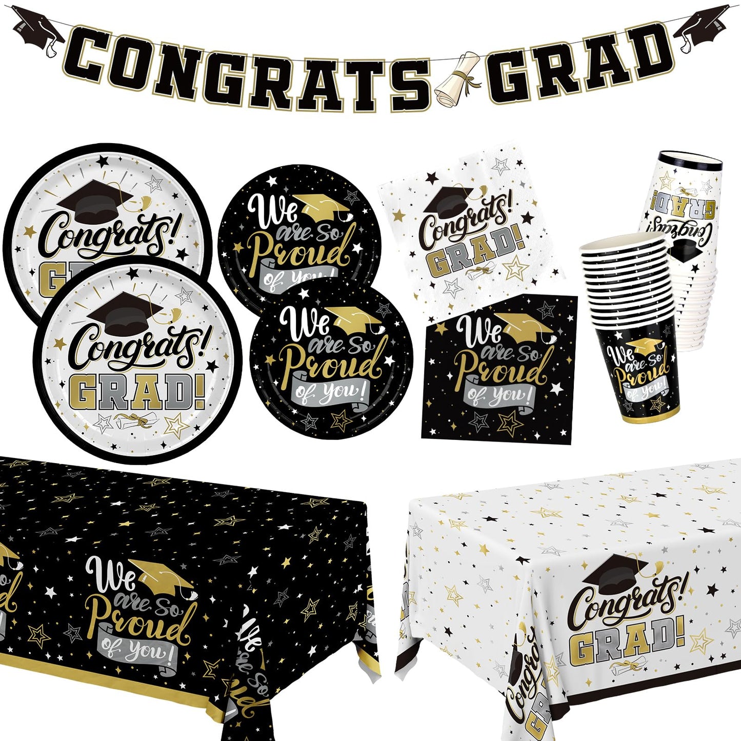 Graduation Decorations 2026 Black and Gold Grad Party Supplies with Disposable Plates, Napkins