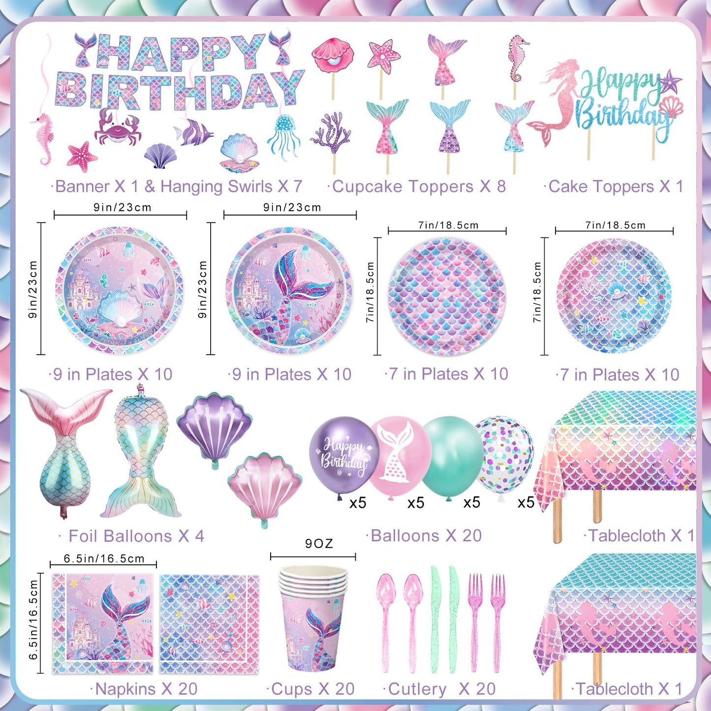 NKPDAXM Mermaid Birthday Decorations Include Plates, Napkins, Cups, Cutlery, Hanging Swirls