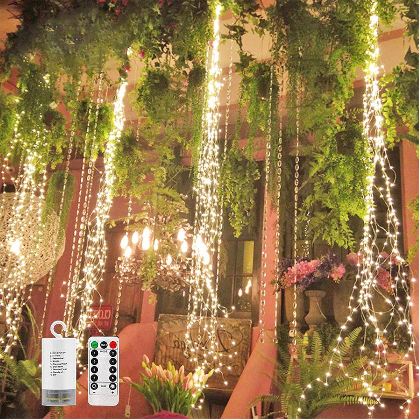220 LED Firefly Bunch Lights Battery Operated, 8 Flashing Modes Waterproof Copper Wire Waterfall Lights, Remote Controlled Timer and Hooks, Fairy Lights for Indoor Outdoor Decor (Warm White)