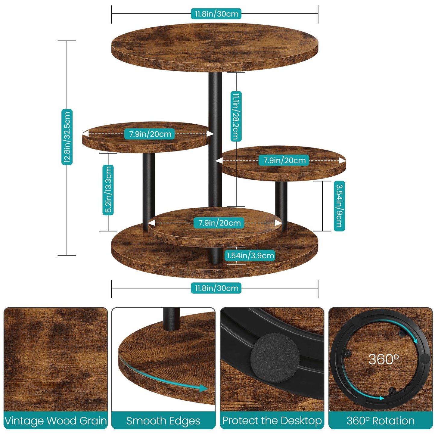 ELITEROO 4 Tier Round Cupcake Tower Stand for 50 Cupcakes, 360° Rotating Wood Cake Stand with