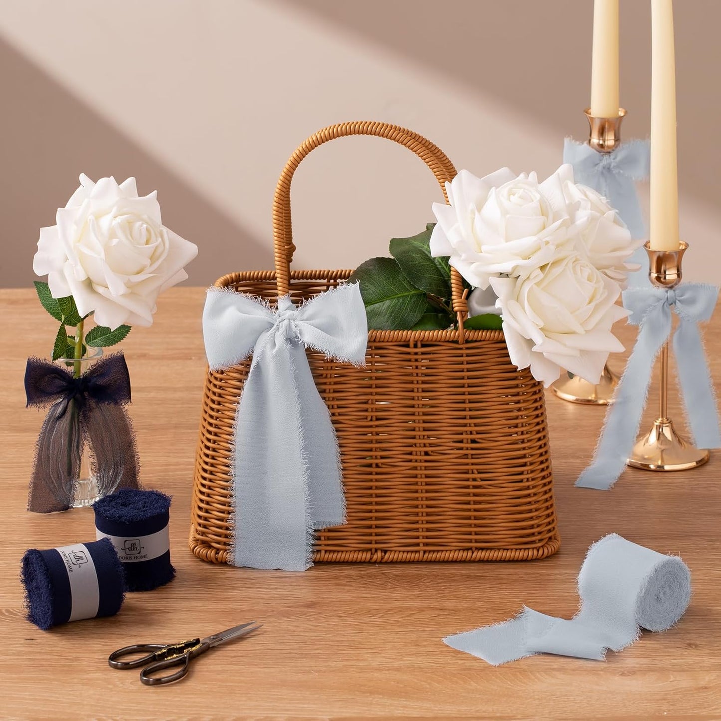 DORIS HOME Dark Navy Chiffon Ribbon for Flower Bouquet, 2" x21Yd Fabric Ribbon for Gift Wrapping, Handmade Frayed Ribbon for Wedding/Christmas Decorations