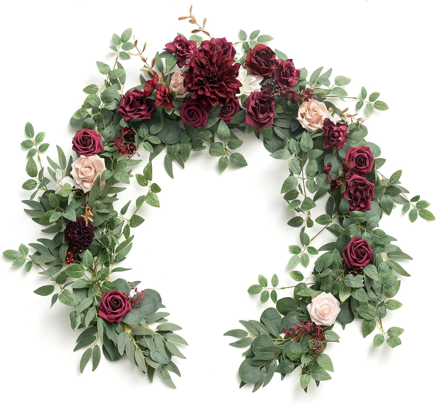 Ling's Moment Flower Garland - 6FT Eucalyptus & Rose - Sweetheart Table Decor for Wedding Reception, Artificial Floral Garland for Mantle, Thanksgiving, Christmas Decoration, Marsala & Blush