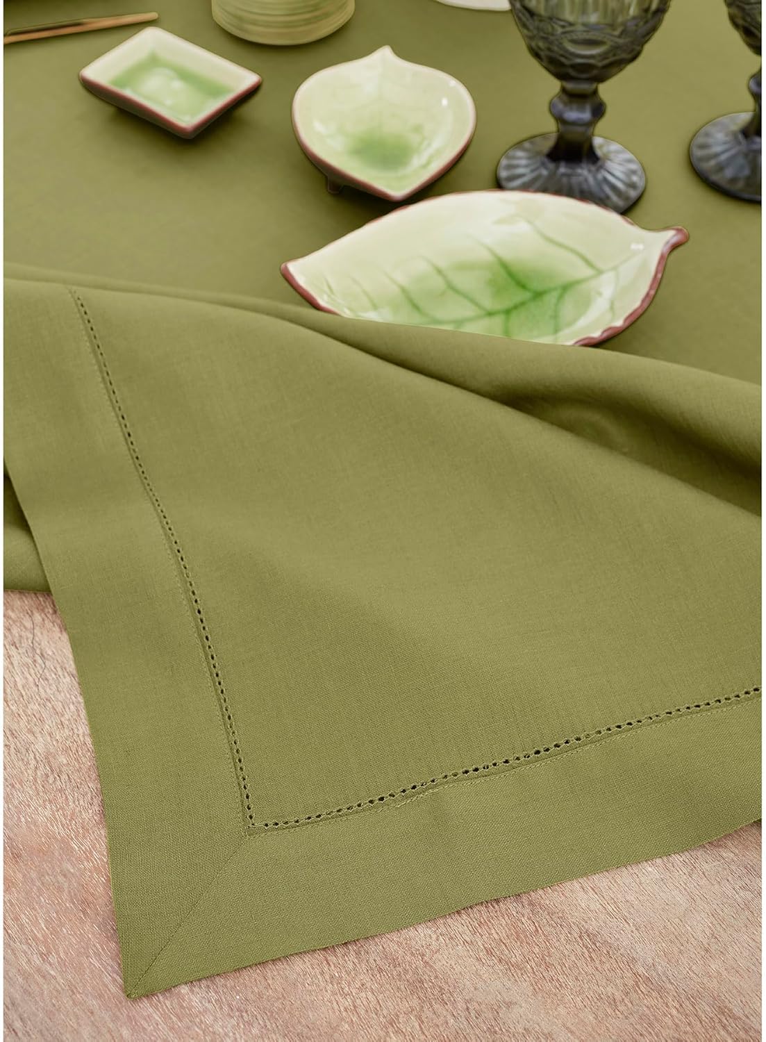 Solino Home Linen Avocado Green Tablecloth 60 x 108 Inch - Classic Hemstitch, 100% Pure Linen Rectangular Tablecloth - Machine Washable Table Cloth for Fall, Autumn, Thanksgiving