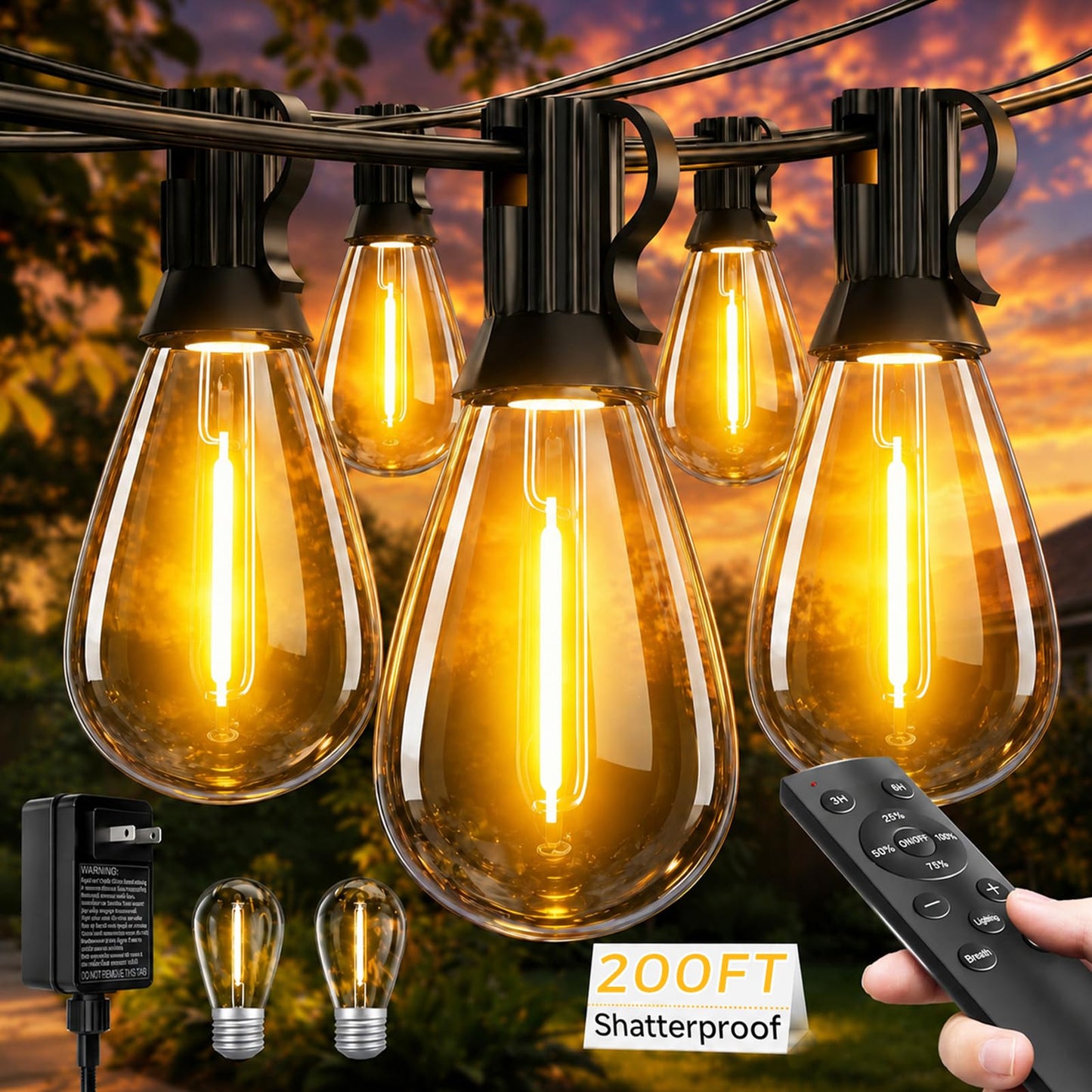 Tenmiro 200FT LED Outdoor String Lights with Remote, 72+2 Shatterproof Bulbs Dimmable Timing 3