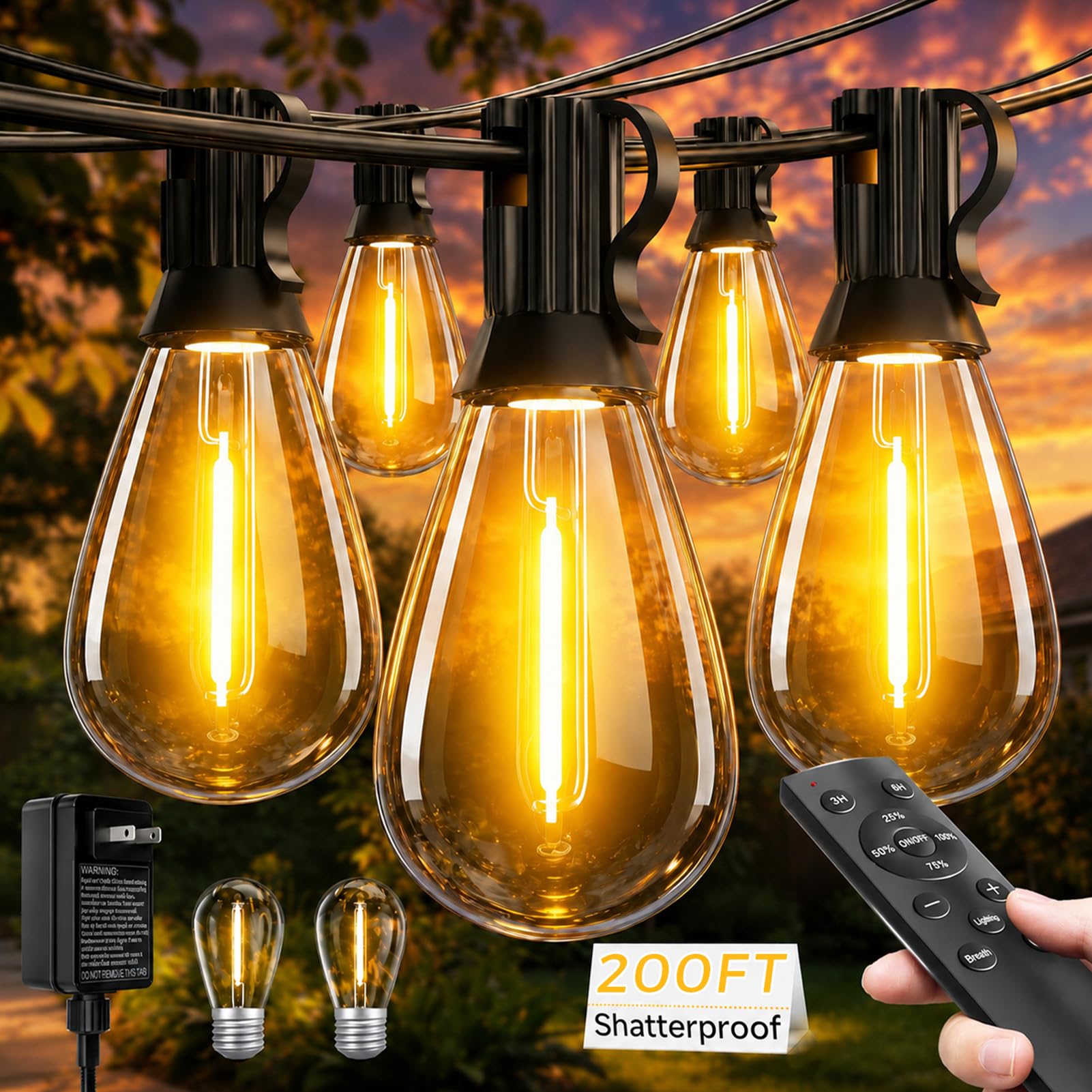 Tenmiro 200FT LED Outdoor String Lights with Remote, 72+2 Shatterproof Bulbs Dimmable Timing 3