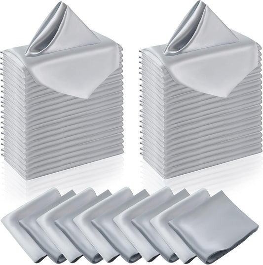 Manyshofu 50 Pieces Silver Satin Napkins - 12x12 Inches Cloth Napkins, Square Satin Fabric Napkin Set - Elegant & Smooth Table Napkins for Wedding Dinner Party Lunch Banquet Decoration