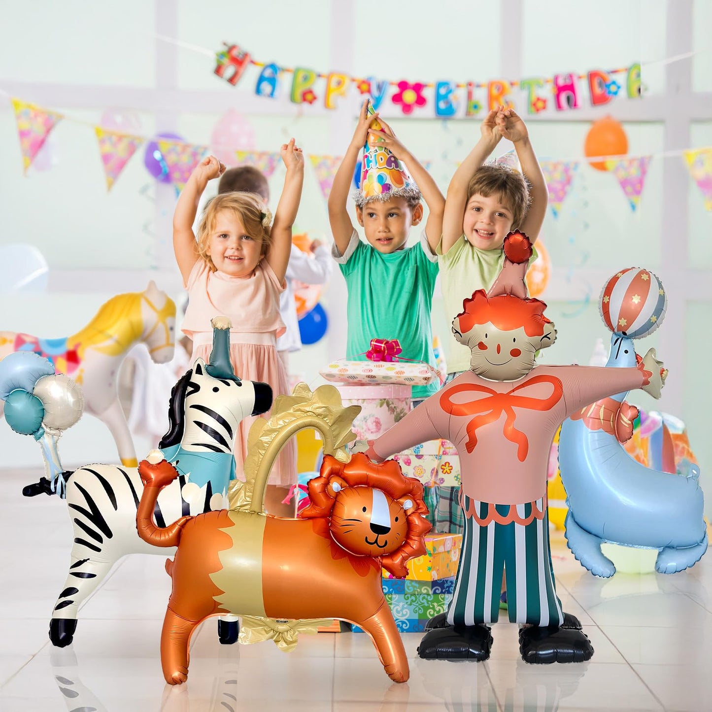 GELOUBO Circus Theme Party Balloons Set, 5PCS Large Standing animal Balloons – Clown, Lion, Sea