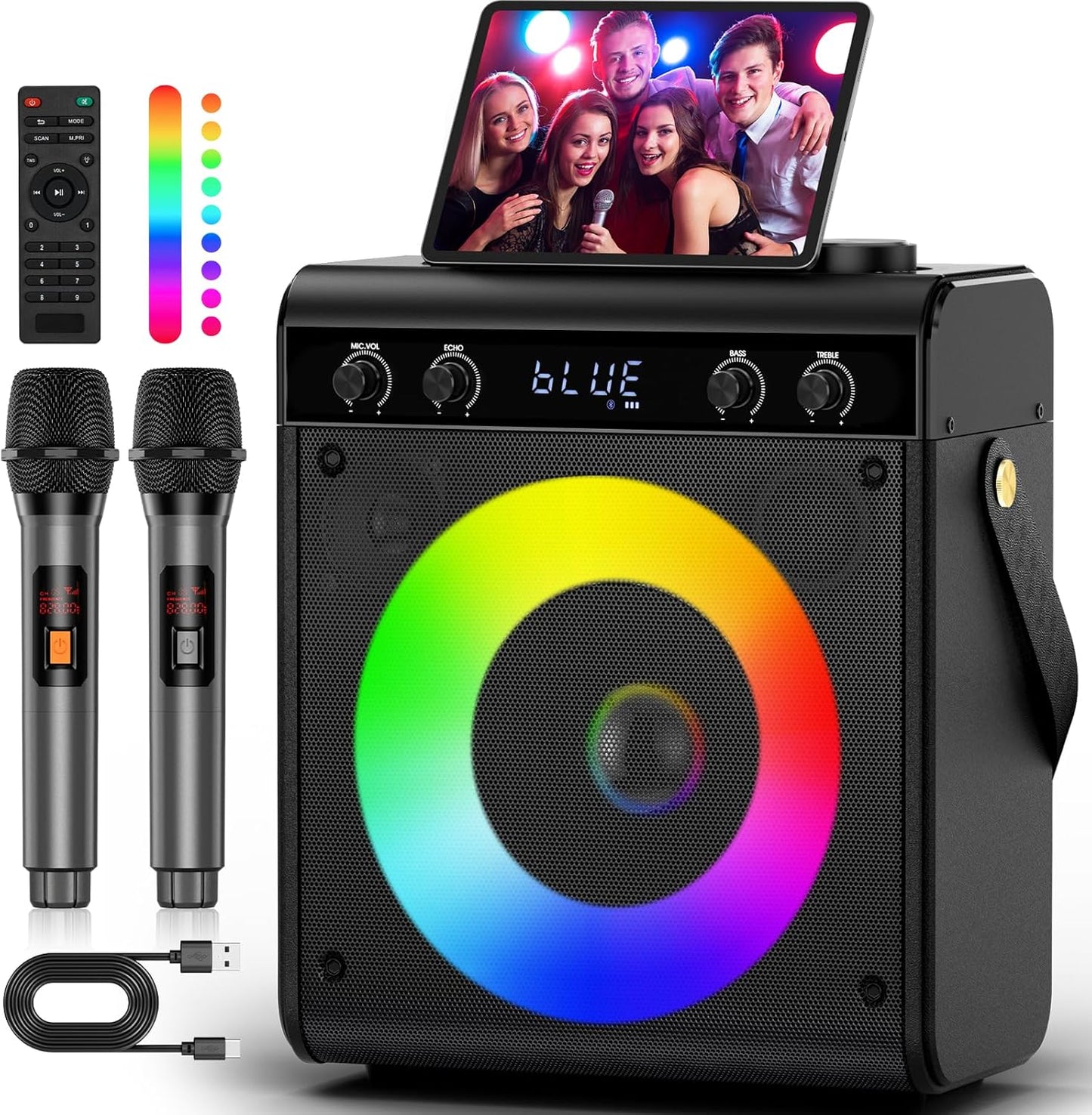 Karaoke Machine, Portable Bluetooth Speaker with 2 Wireless Microphones for Adults & Kids - PA System, LED Lights, Bass/Treble Control, AUX/USB/TF/FM for Home Party Outdoor Singing
