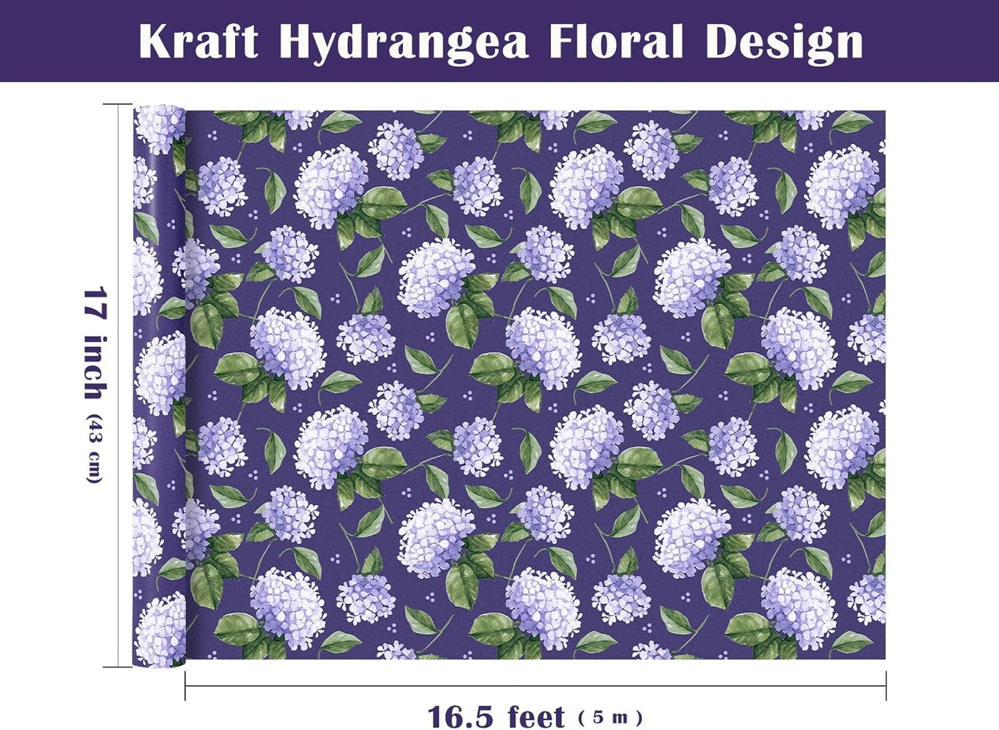 WRAPAHOLIC Kraft Hydrangea Floral Wrapping Paper Roll - Mini Roll - 17 Inch x 16.5 Feet - Blue Hydrangea Flower Wrapping Paper for Wedding, Birthday, Bridal Shower, Tea Party