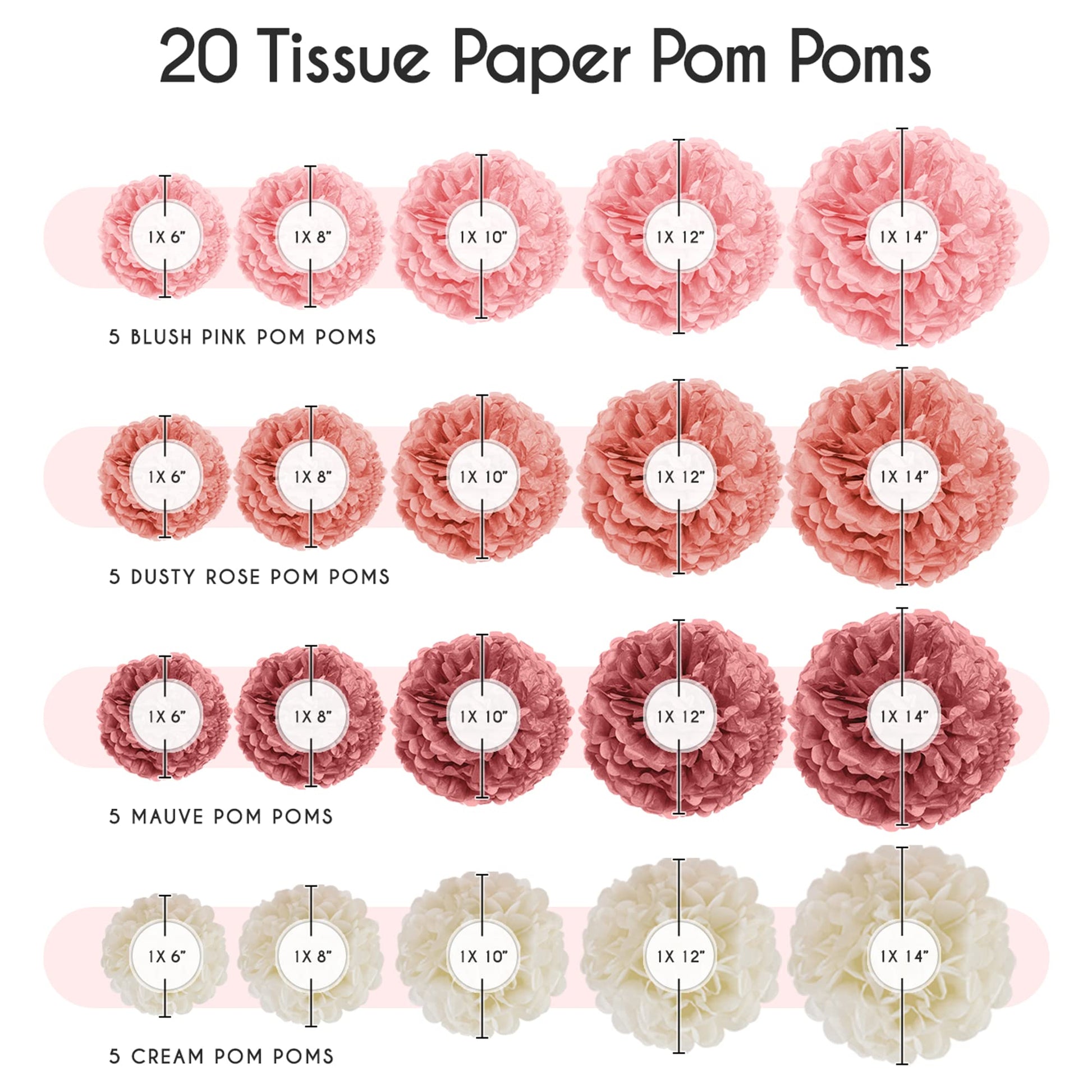 EpiqueOne 20 Piece Tissue Paper Pom Poms | Blush Pink, Dusty Rose, Mauve & Cream | Colorful Paper