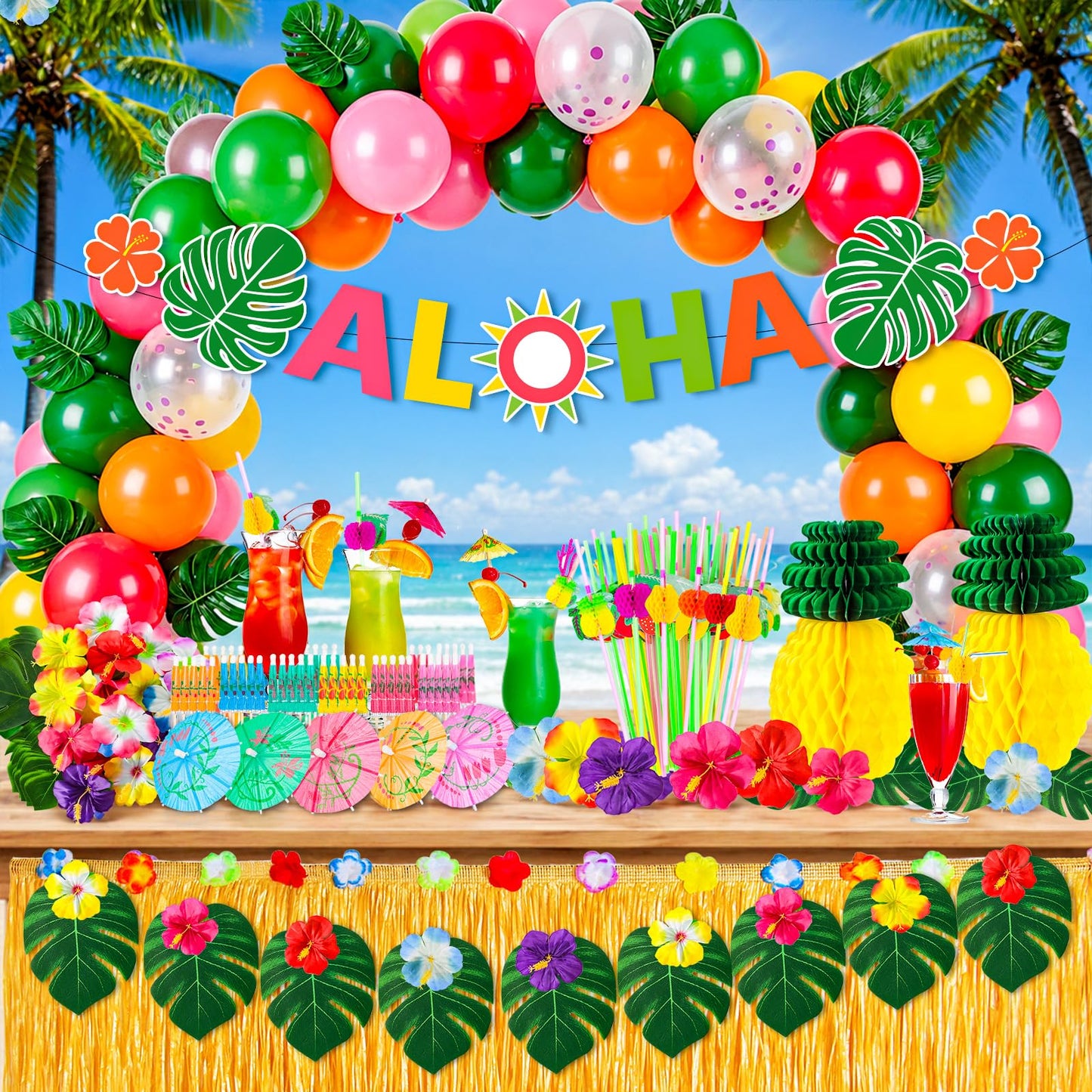 200 Pcs Aloha Luau Party Decorations Set, Hawaiian Tropical Summer Beach Party Supplies with