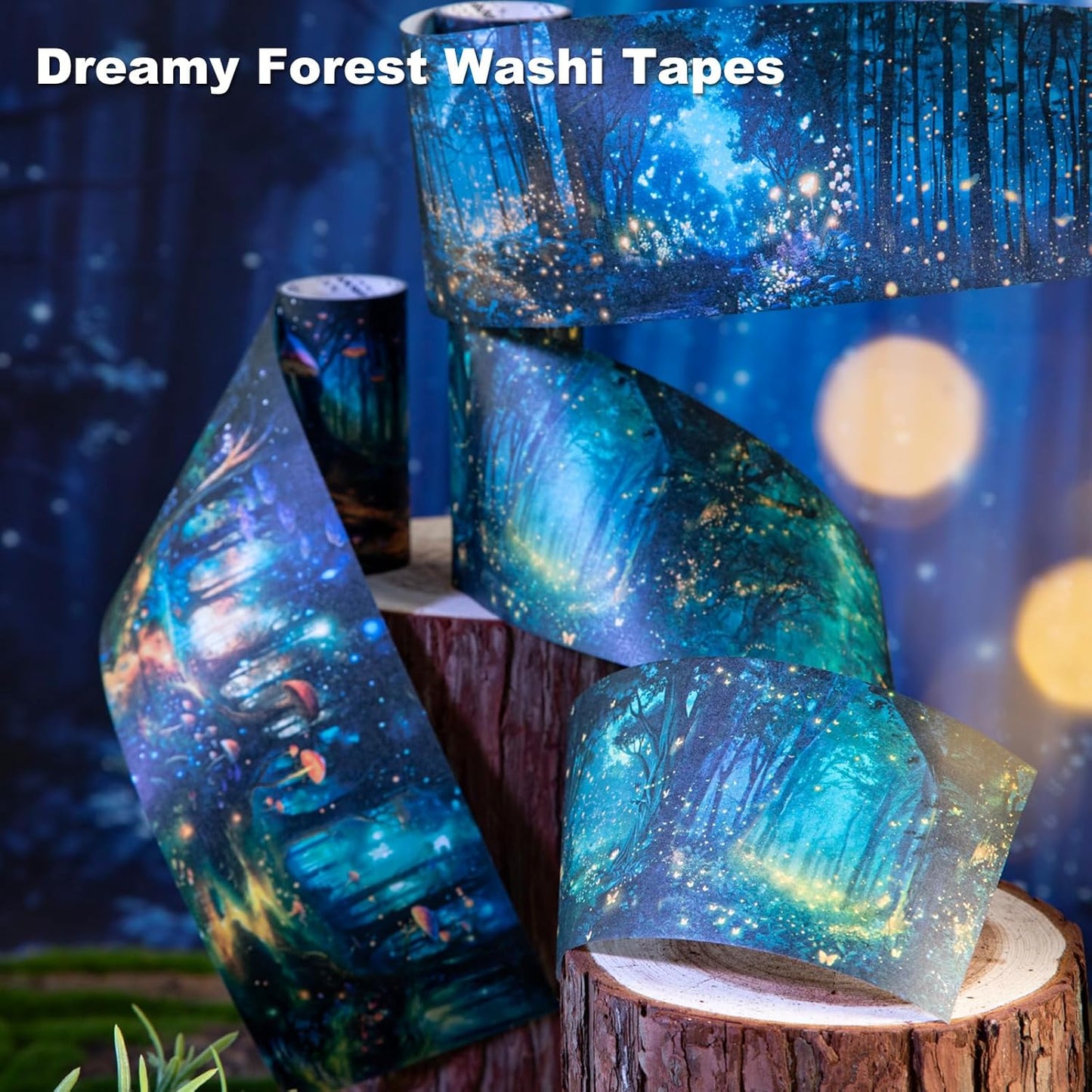 Night Forest Seamless Washi Tape Scrapbook Kit ??6 Rolls with Starry Sky, Fairy Woods & Twilight Designs for Journaling, DIY Crafts, Gift Wrapping, Card Making, Decoration, 3.15in Wide