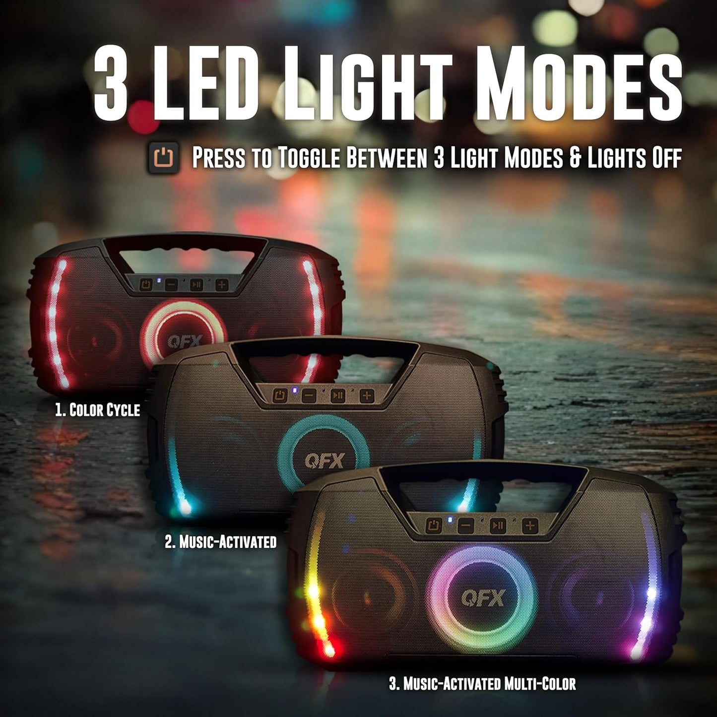 Powerful & Portable Waterproof All Terrain Bluetooth Speaker with Deep Bass, LED Party Lights, Fast USB-C Charging, FM Radio, AUX – QFX BT-ZX35