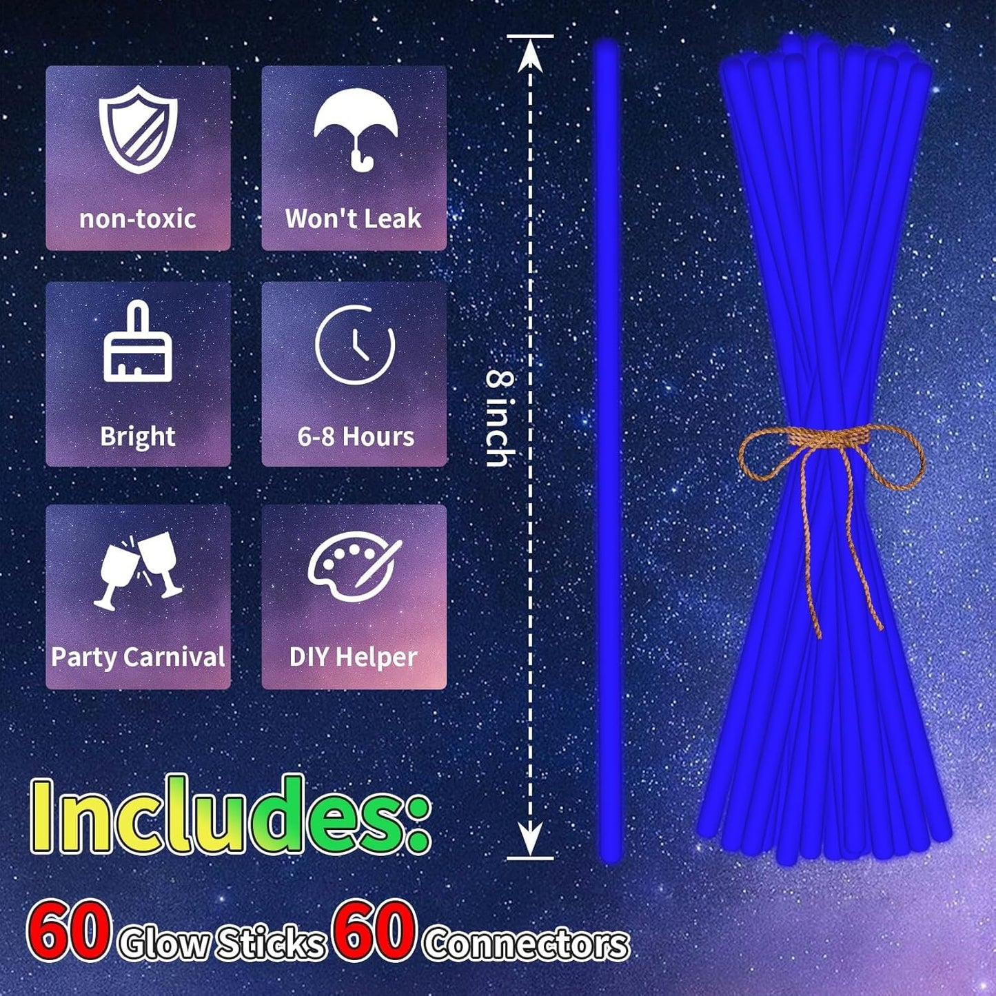 60 Pack 8” Blue Glow Sticks Bulk with 60 Connectors Neon Glow In The Dark Party favors Supplies for Holiday Birthday Party Decoration (Blue)