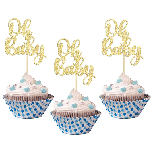 Gyufise 36 Pack Oh Baby Cupcake Toppers Glitter Baby Shower Cupcake Picks Decorations for Celebrating Baby Shower Kids Birthday Party Supplies Gold