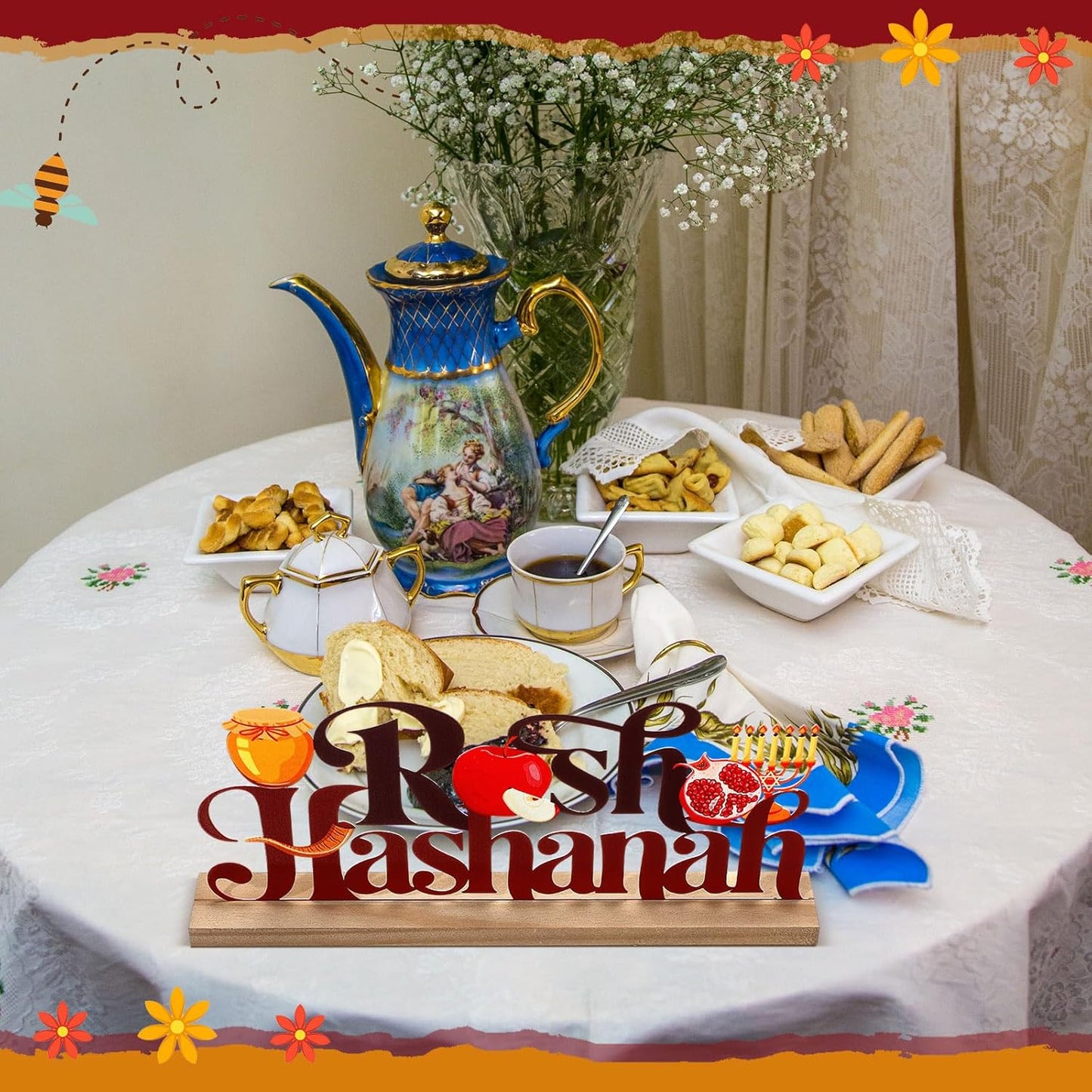 Rosh Hashanah Metal Sign Jewish New Year Table Centerpiece Tiered Tray Decor with Wooden Base Apple Pomegranate Decor for Home Tabletop Centerpiece Mantel Shelf Fireplace