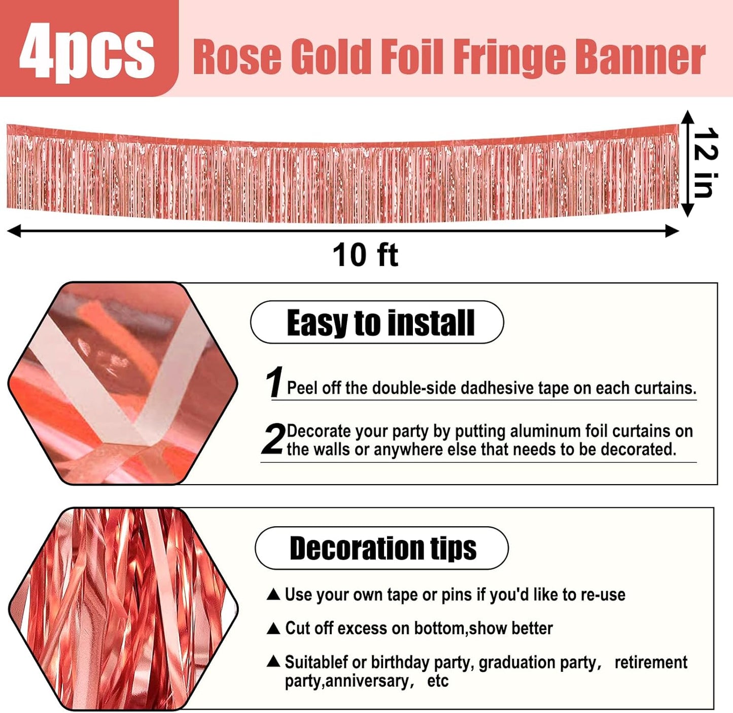 4 Pack 10 Feet Rose Gold Foil Fringe Garland Metallic Tinsel Streamers Banner Wall Hanging Curtain Backdrop for Parade Floats, Wedding, Graduate, Mother's Day, Birthday Party Decoration