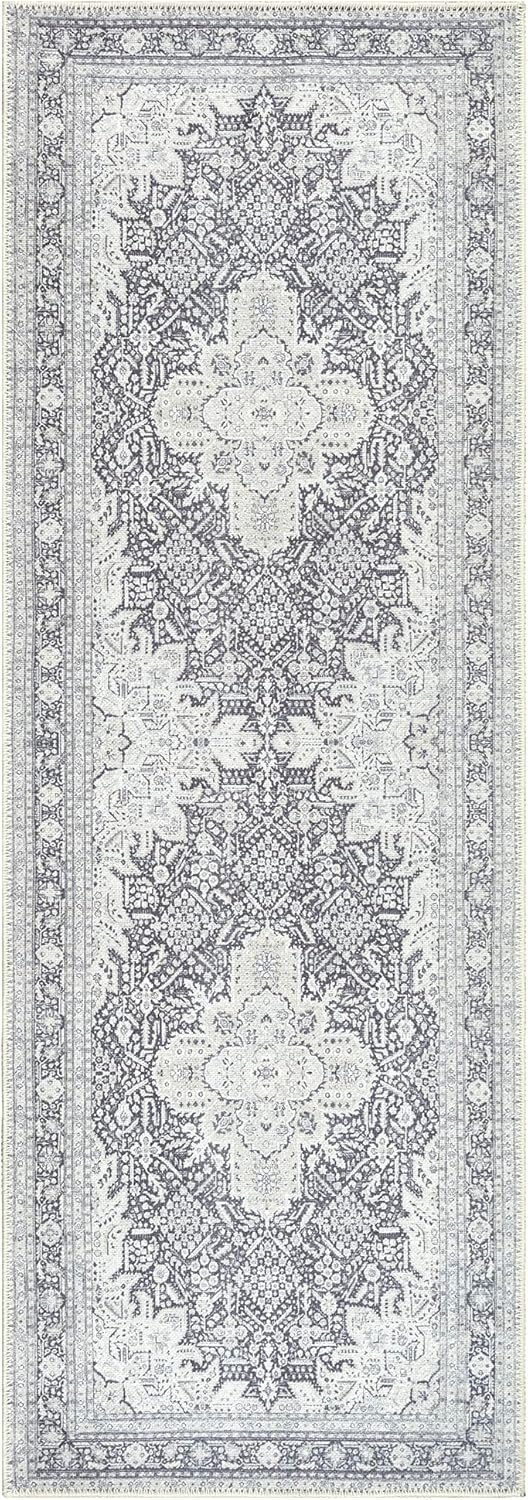 Bloom Rugs Washable Non-Slip 7 ft Runner - Charcoal Blue Traditional Medallion Runner for Entryway, Hallway, Bathroom, and Kitchen - Exact Size: 2.5' x 7'