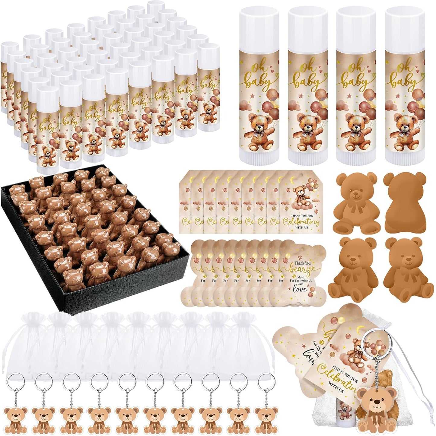 288 Baby Shower Favors: 48 Sets of Lip Balms, Soaps, Keychains, Organza Bags, Thank You Tags & Cards for Boys & Girls Baby Shower Gifts (Brown, Bear)