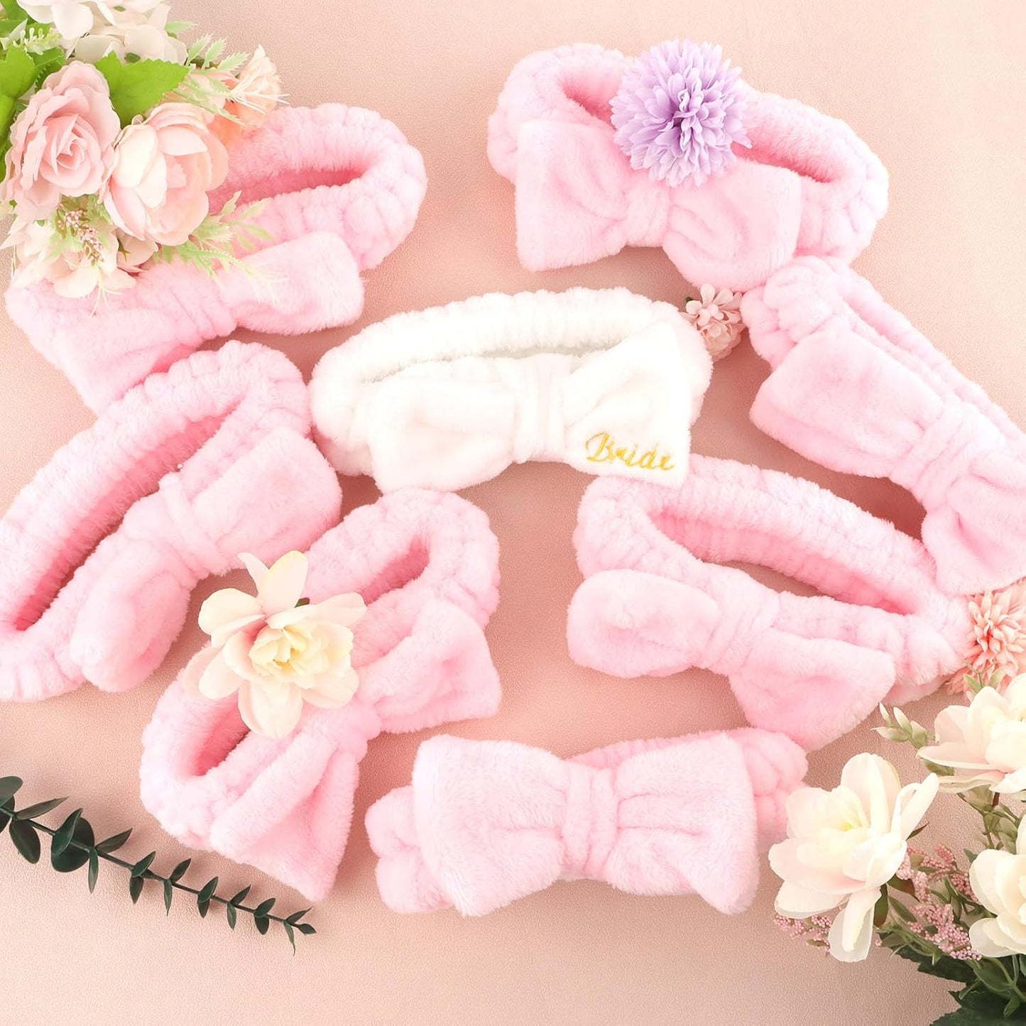Semato Hairband, 8 Pcs Bachelorette Party Favors Set - 1 Pack Bride White Bow Headband and 7 Pcs Bridesmaid Pink Bow Headband Skincare Headbands for Women, Wide Usage, Size Fits Most, RISK FREE