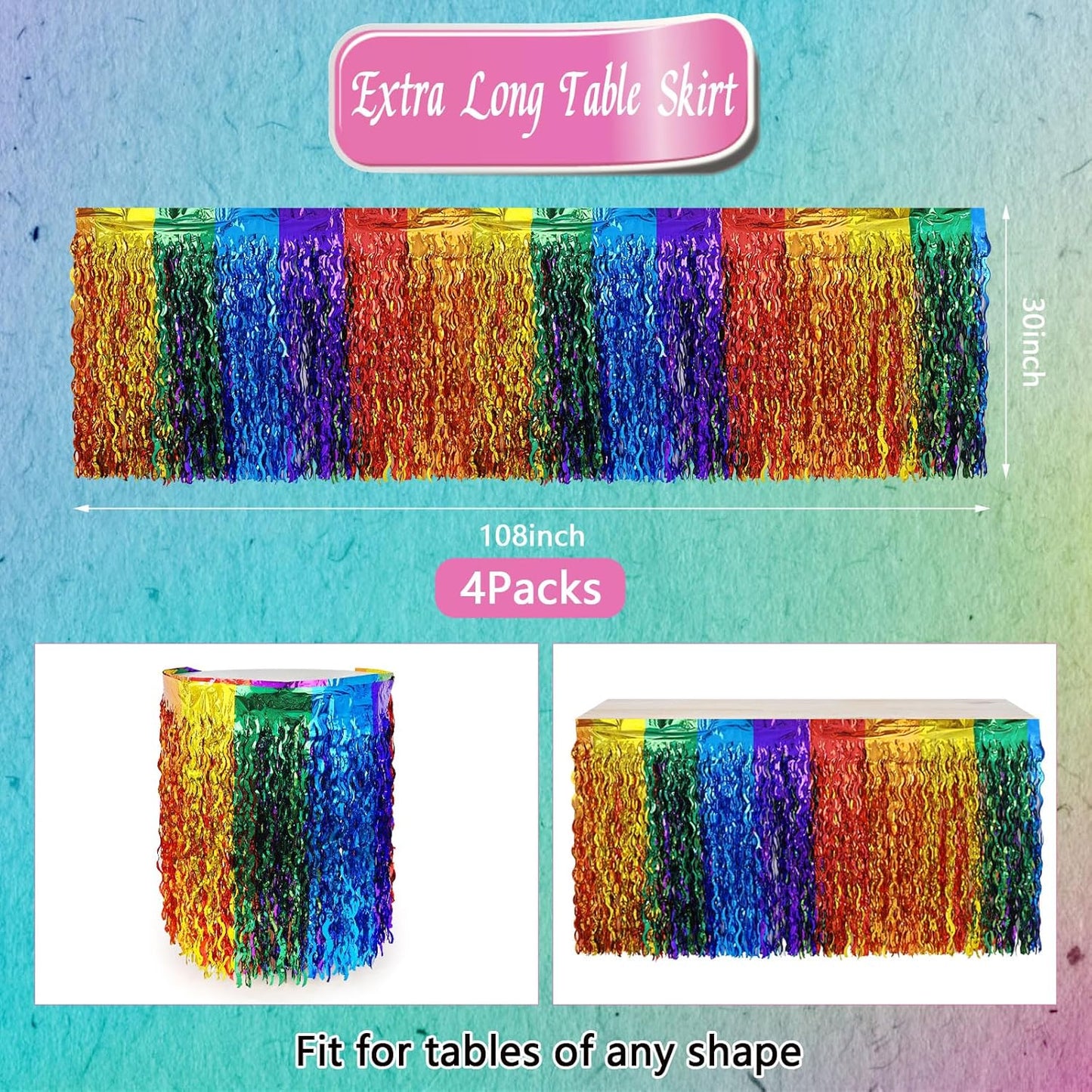 CCINEE 4 Packs Foil Fringe Table Skirt for Rainbow Party Decorations, 36ft Wavy Metallic Tinsel Foil Fringe Desk Skirt for Fiesta Birthday Wedding Pride Party DíA De Muertos Table Decorations