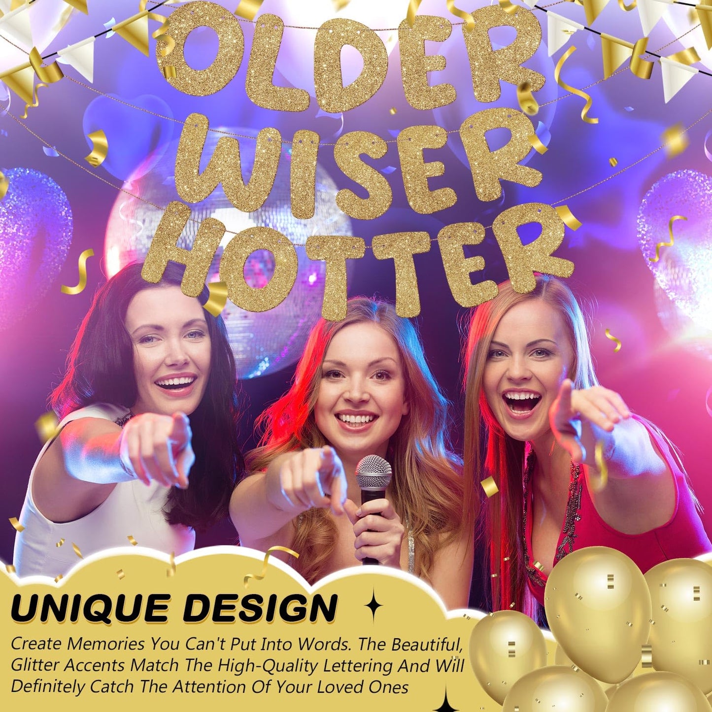 Fulmoon Set of 3 Pre Strung Older Wiser Hotter Glitter Banner Funny Birthday Banner for Women 30th